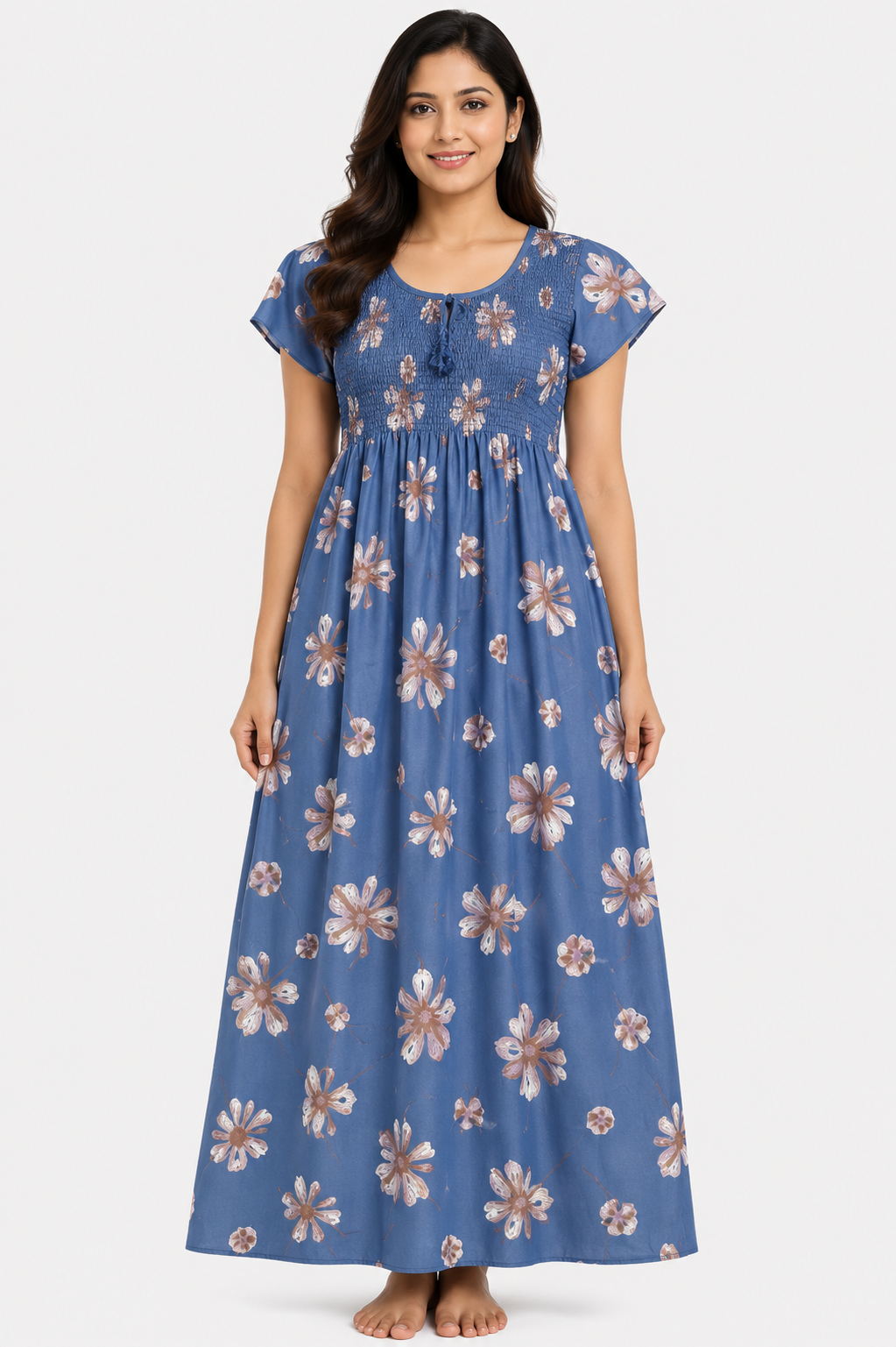 Women's Teal Blue Smocked Floral Maxi Nighty Rayon Fabric