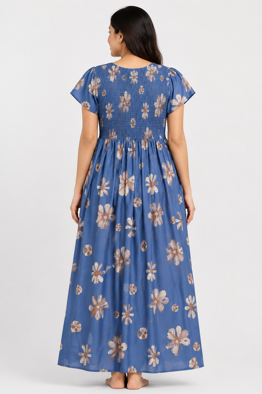 Women's Teal Blue Smocked Floral Maxi Nighty Rayon Fabric