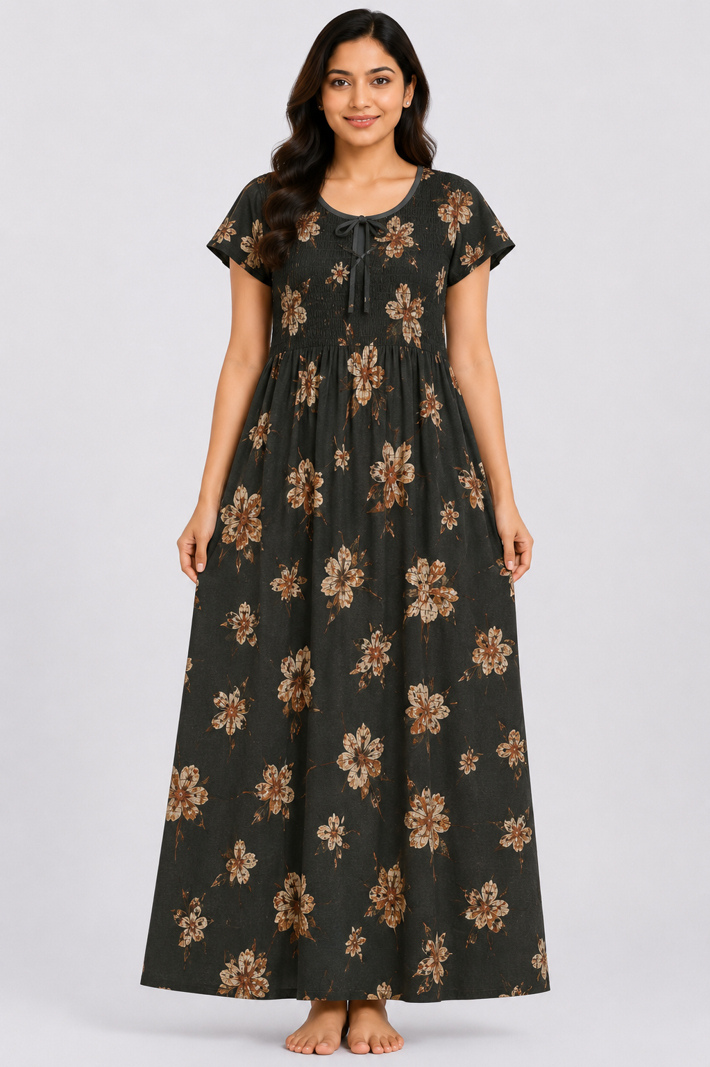 Women's solid black Smocked Floral Maxi Nighty Rayon Fabric