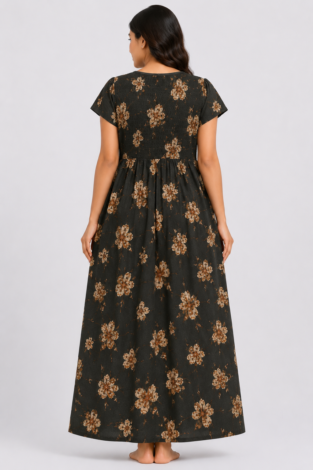Women's solid black Smocked Floral Maxi Nighty Rayon Fabric