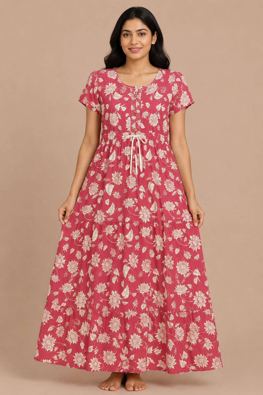 Women's deep rose Floral Maternity Maxi Nighty Soft Cotton Front Open
