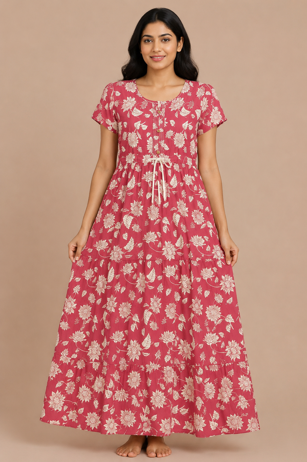 Women's deep rose Floral Maternity Maxi Nighty Soft Cotton Front Open