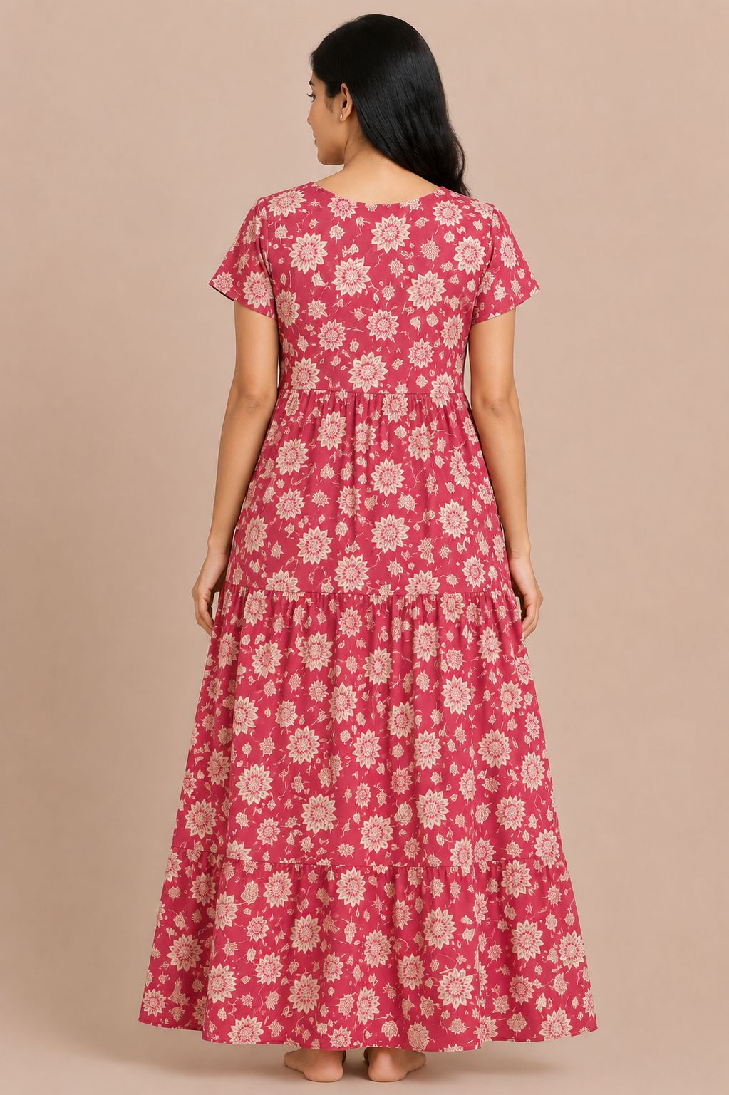 Women's dark pink Outline Floral Print Maxi Nighty Cotton Blend Front Open