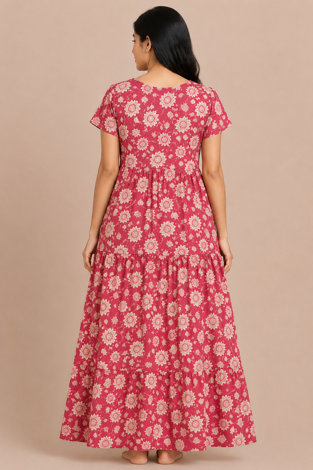 Women's deep rose Floral Maternity Maxi Nighty Soft Cotton Front Open