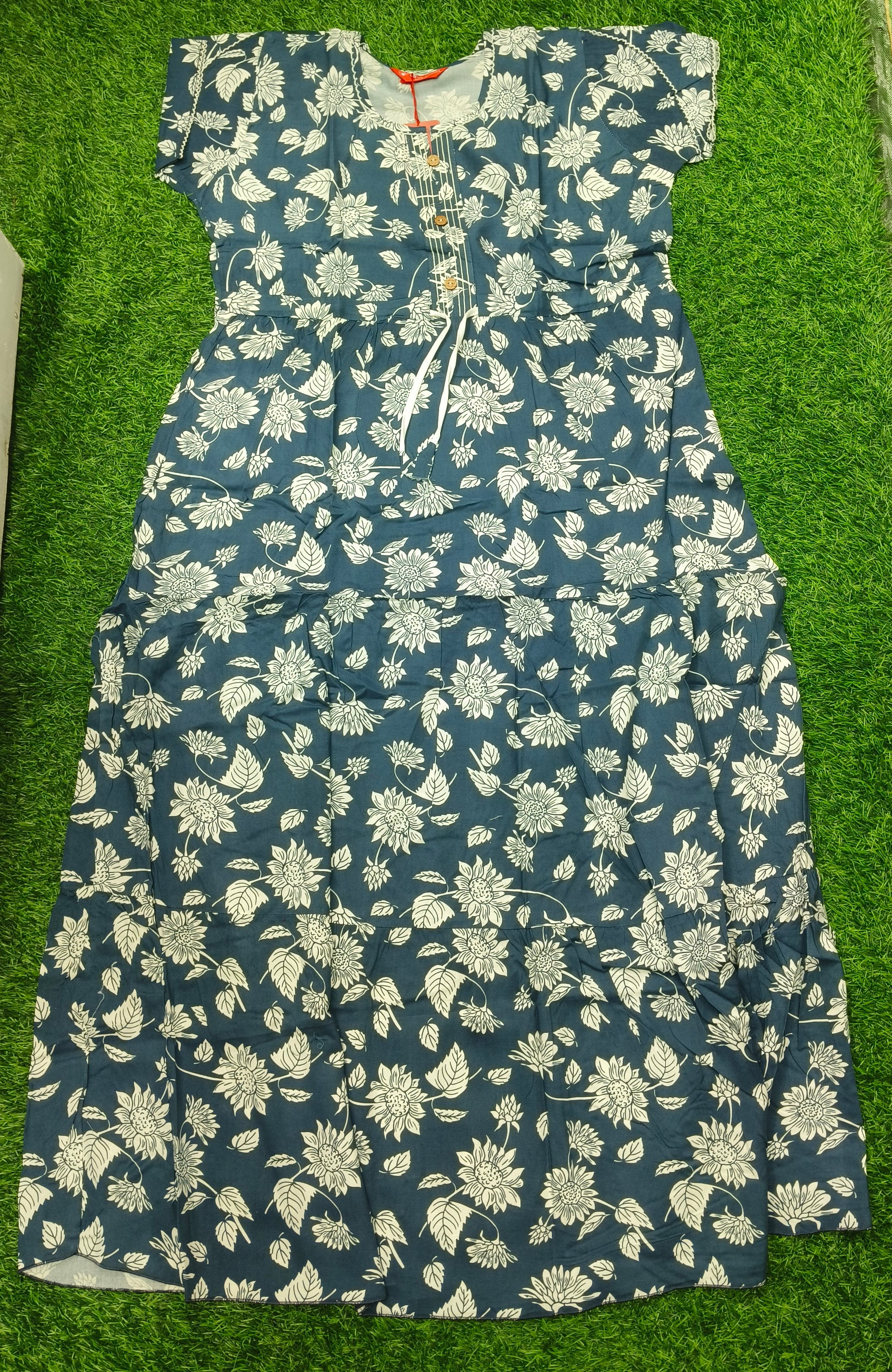 Women's navy blue Floral Maternity Maxi Nighty Soft Cotton Front Open
