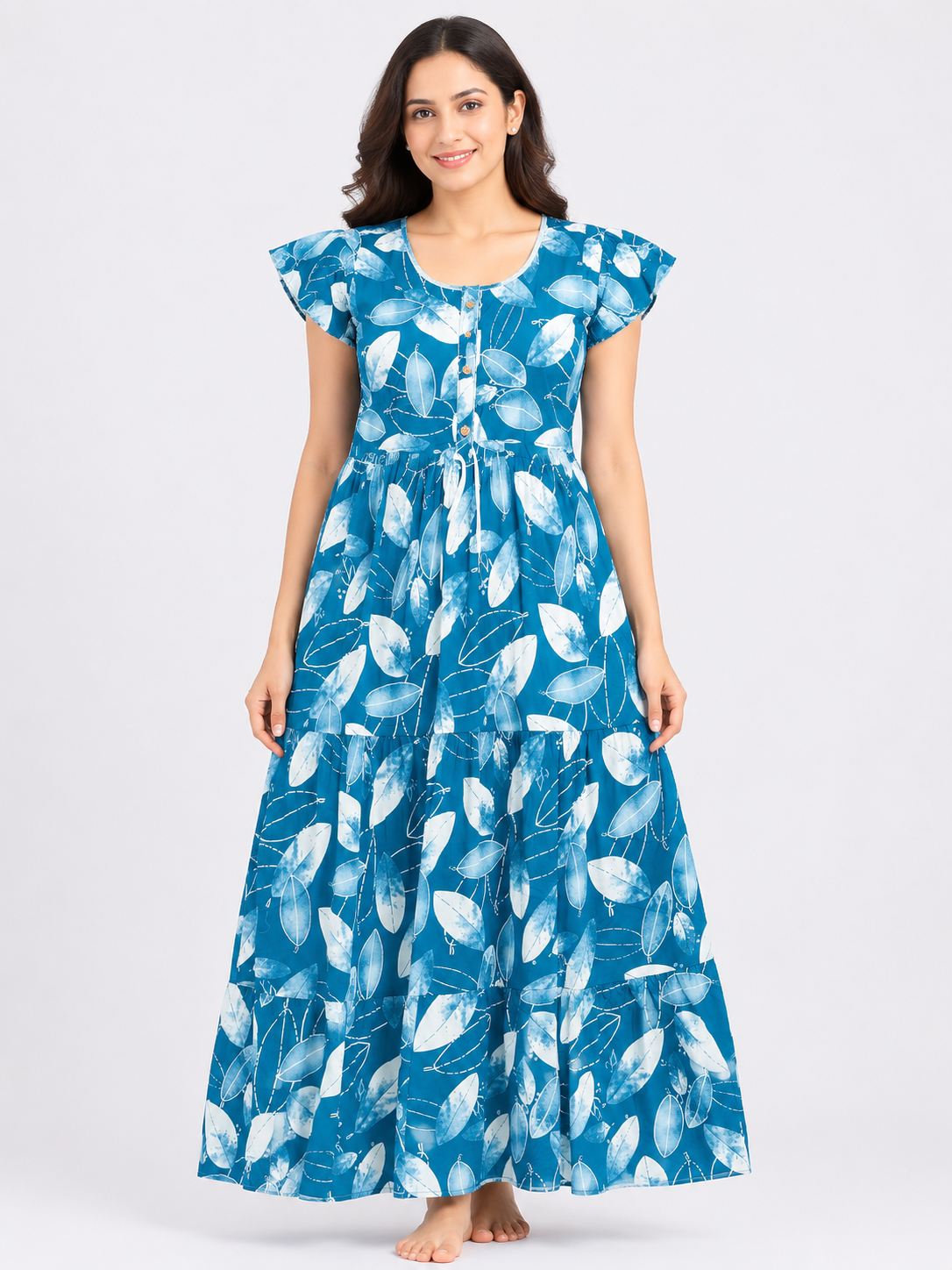 Women's Teal blue  Leaf Print Frock Style Maxi Nighty Rayon Fabric