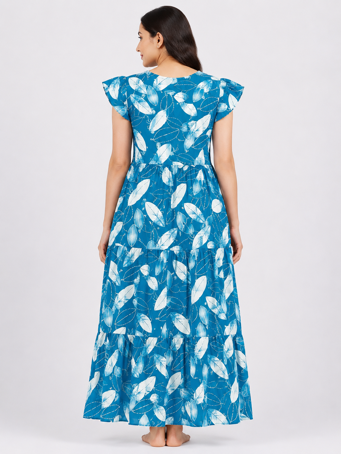 Women's Teal blue  Leaf Print Frock Style Maxi Nighty Rayon Fabric