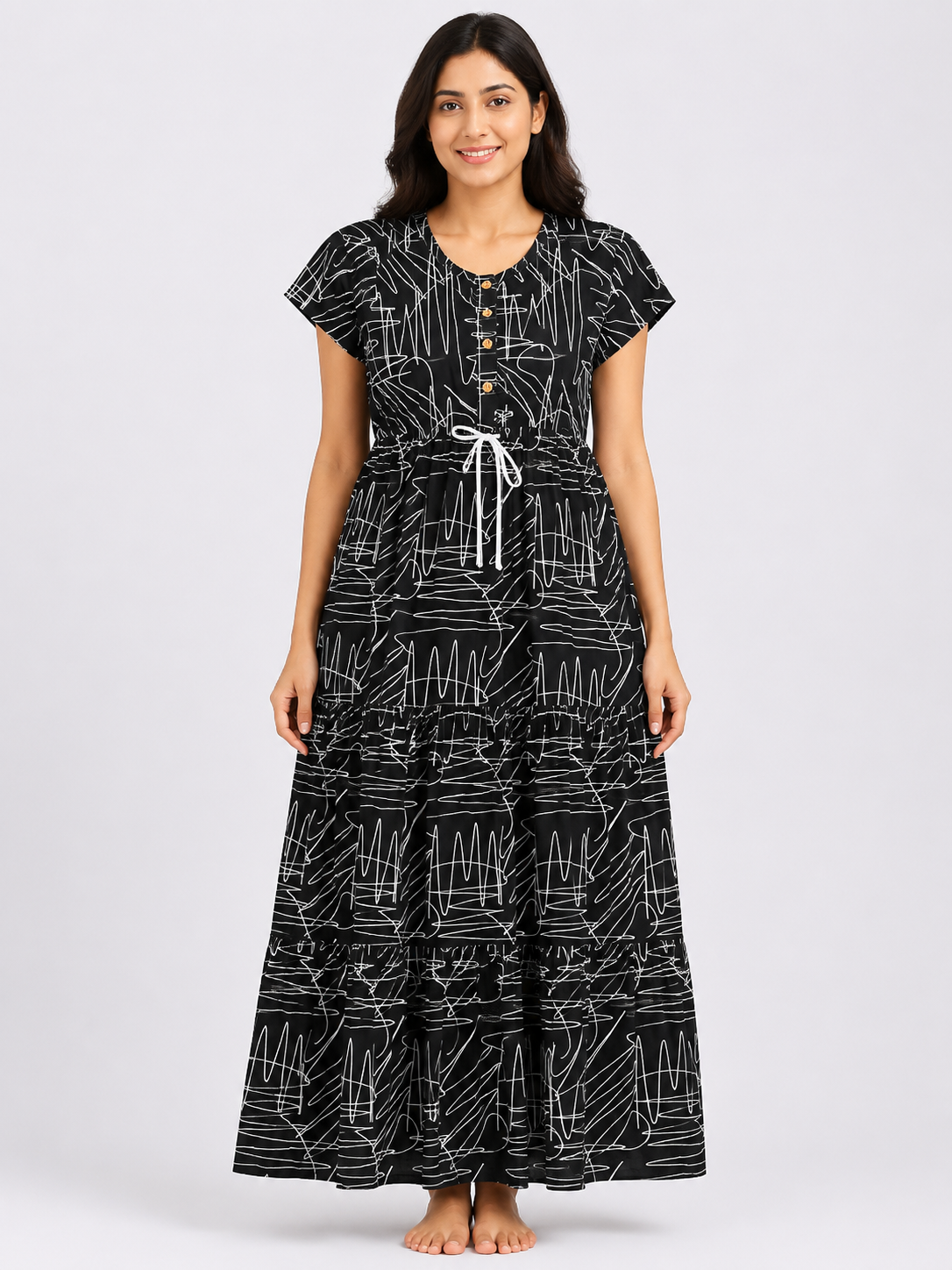 Women's Navy Blue Abstract Print Maxi Nighty Rayon Fabric Front Open