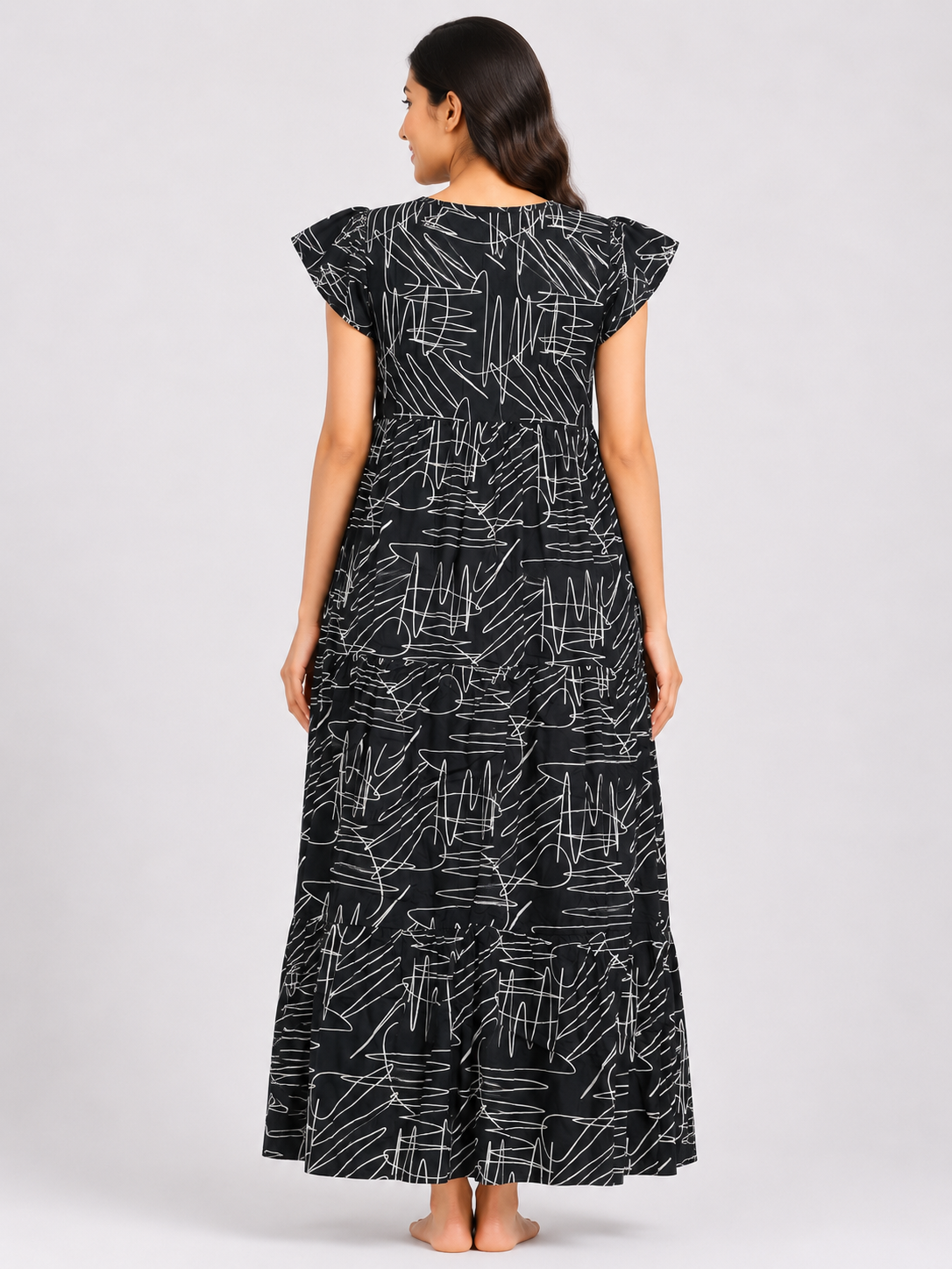 Women's Navy Blue Abstract Print Maxi Nighty Rayon Fabric Front Open