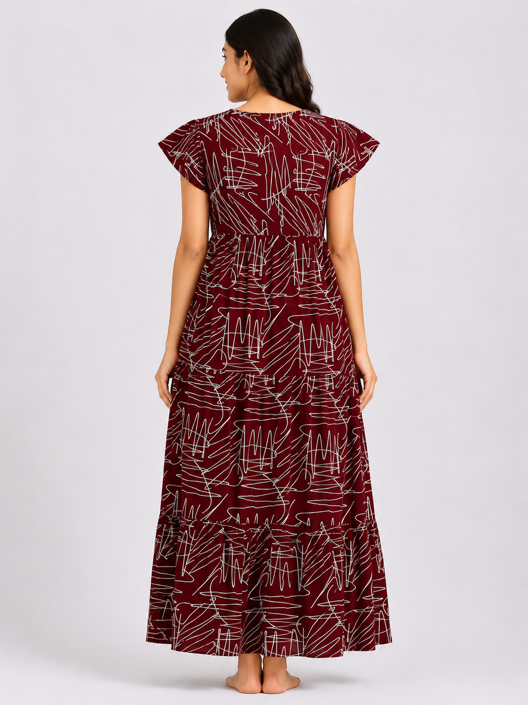 Women's maroon/Brown Abstract Print Maxi Nighty Rayon Fabric Front Open
