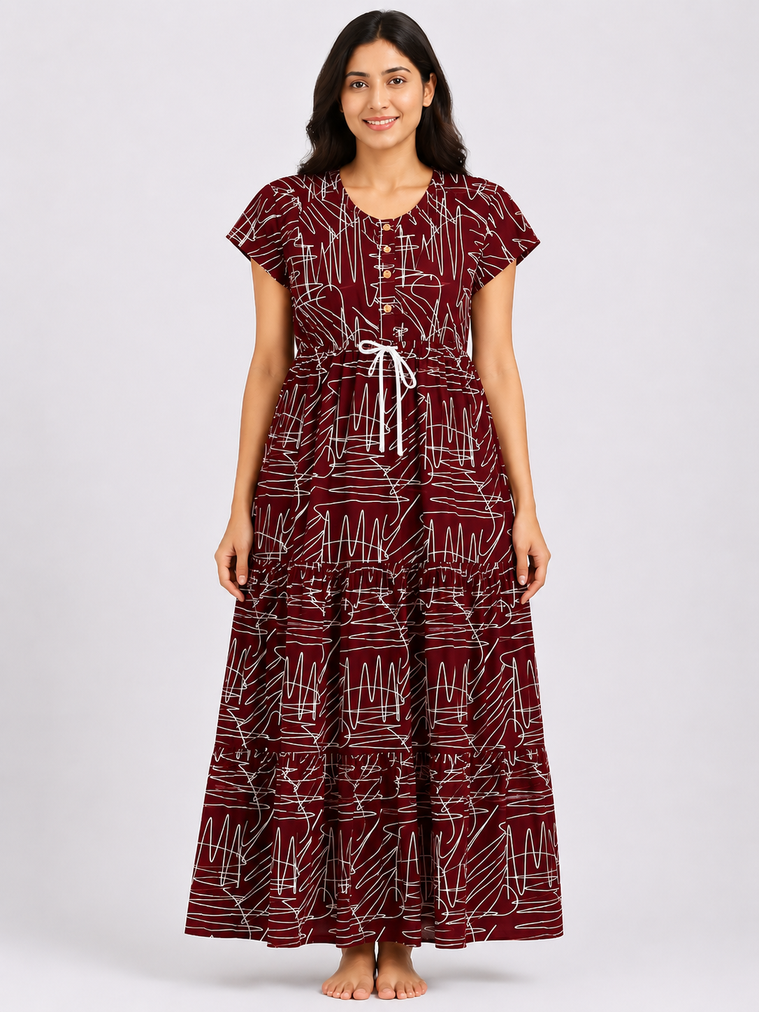 Women's maroon/Brown Abstract Print Maxi Nighty Rayon Fabric Front Open