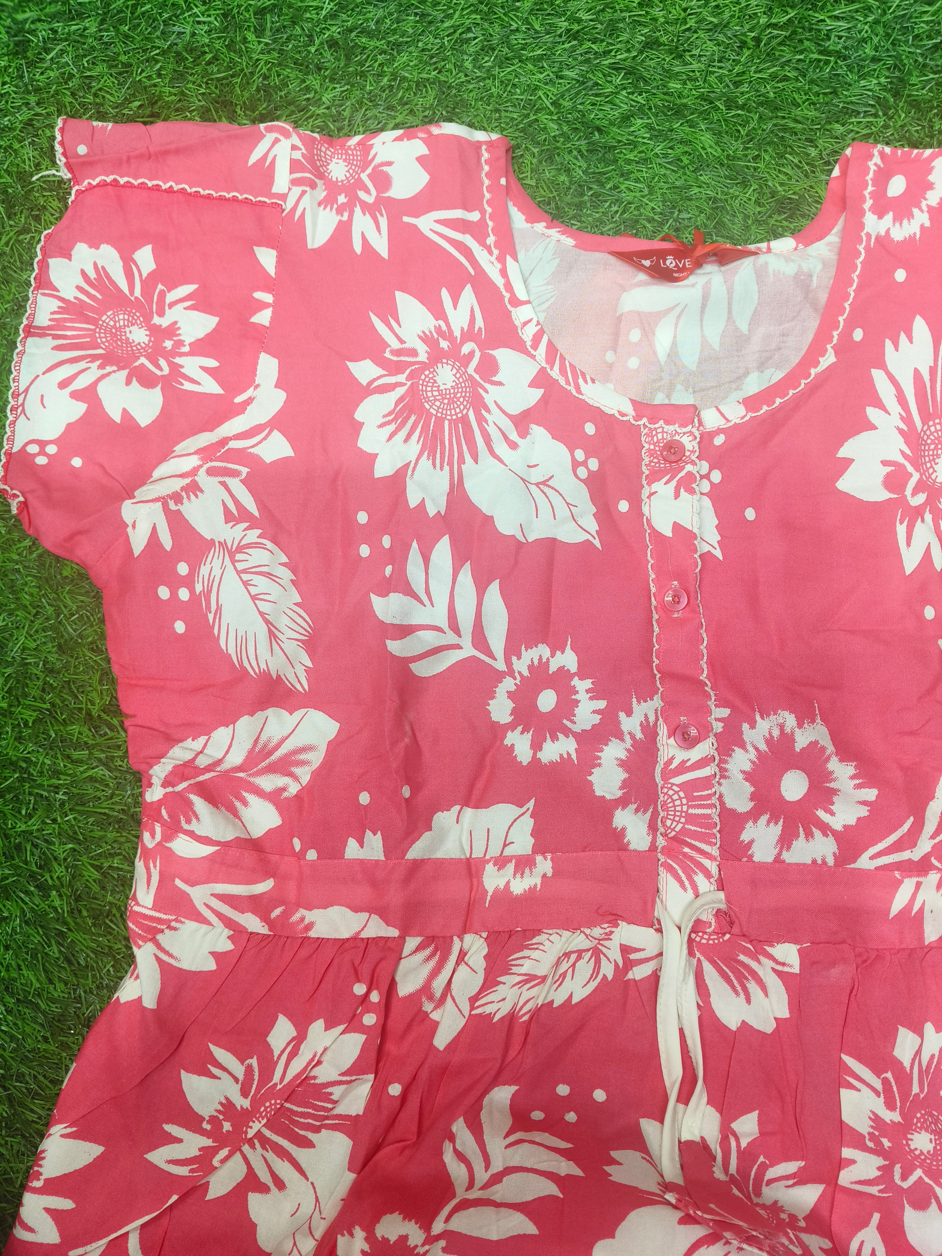 Women's Rose Pink Floral Frock Style Maxi Nighty Soft rayon Full Length
