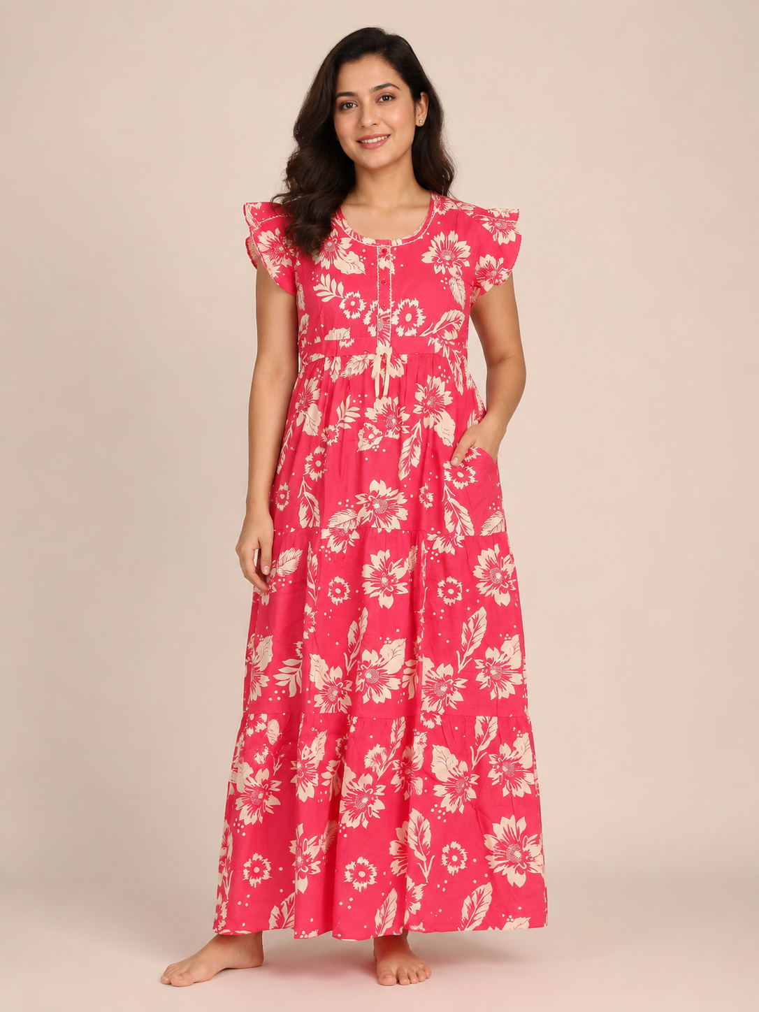 Women's Rose Pink Floral Frock Style Maxi Nighty Soft rayon Full Length