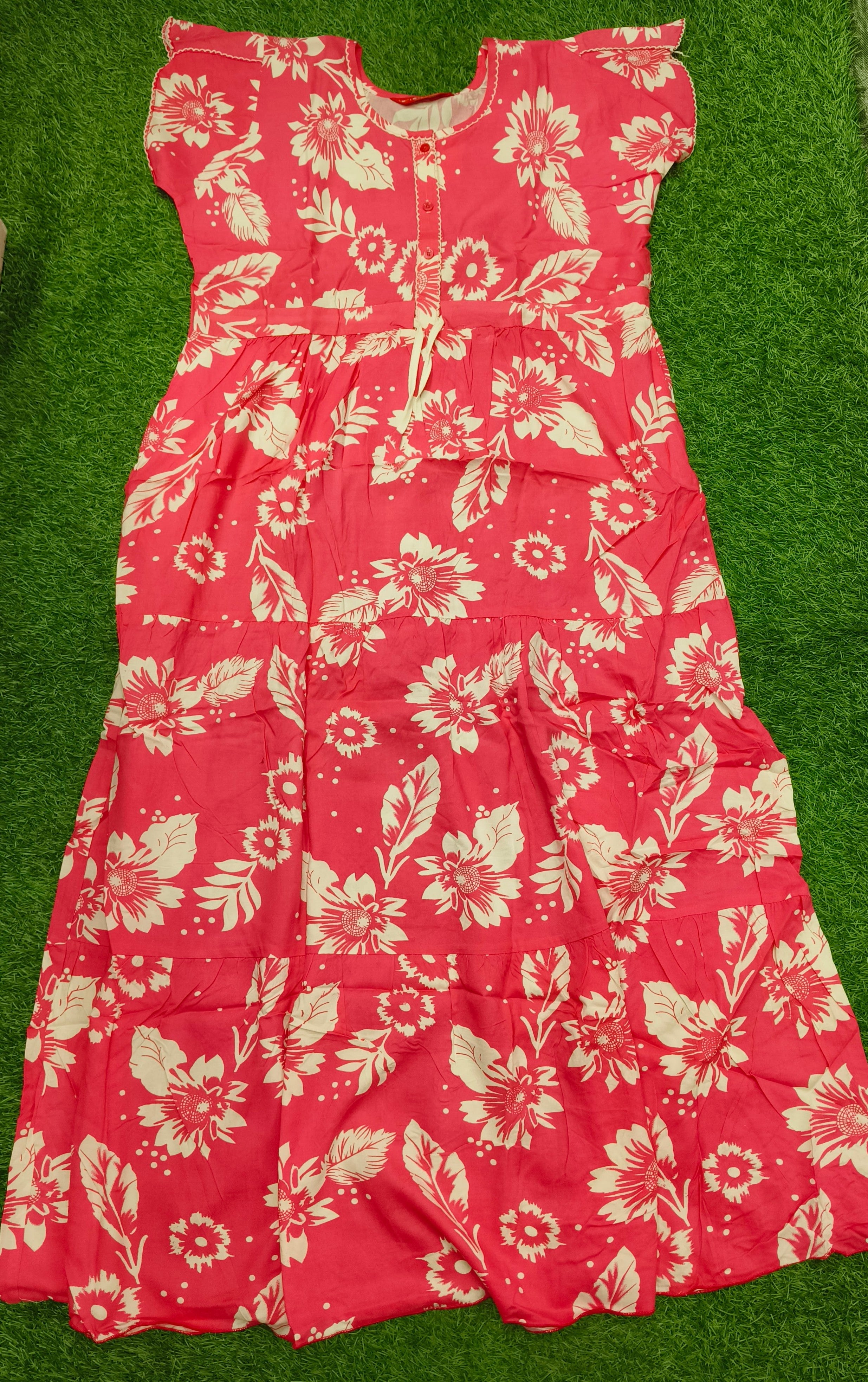 Women's Rose Pink Floral Frock Style Maxi Nighty Soft rayon Full Length