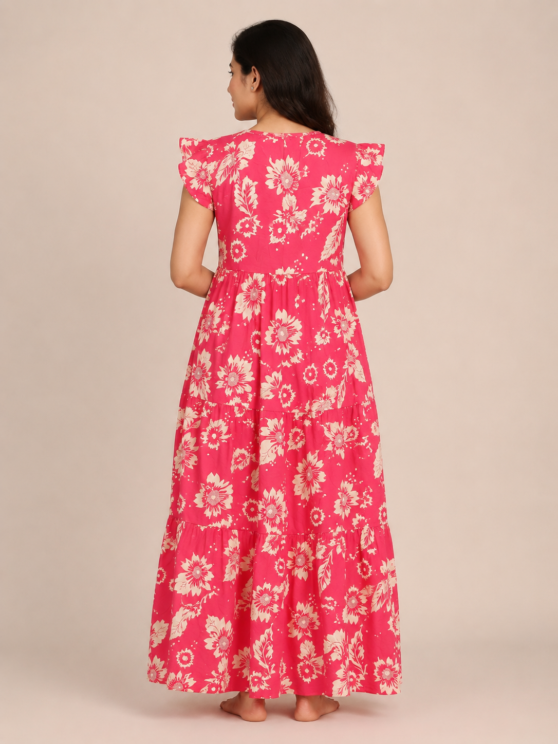 Women's Rose Pink Floral Frock Style Maxi Nighty Soft rayon Full Length