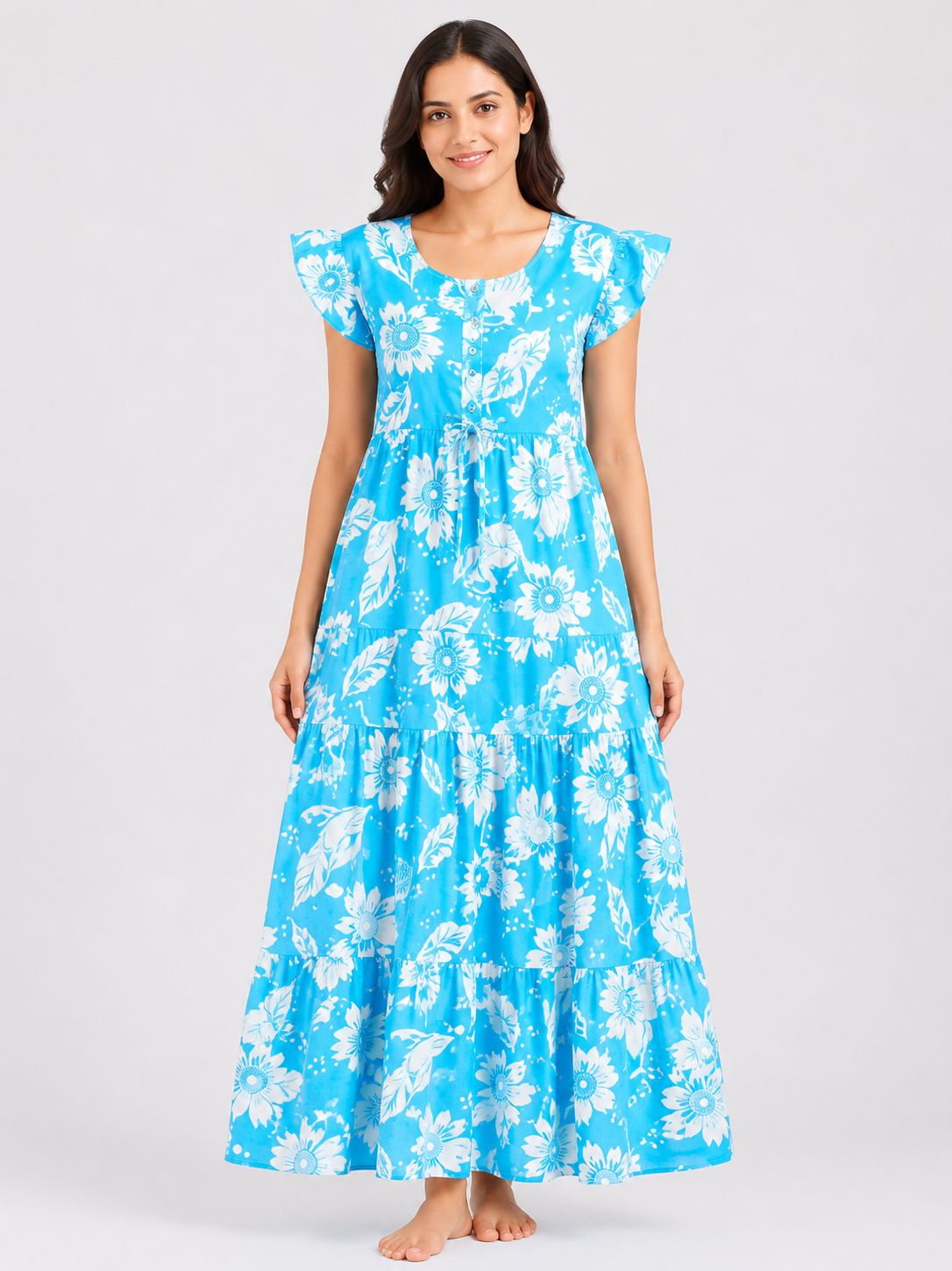 Women's Green Floral Frock Style Maxi Nighty Soft rayon Full Length