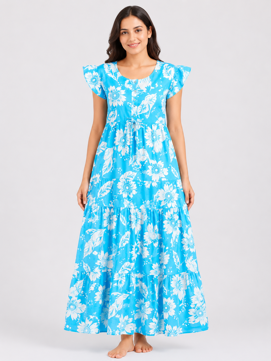 Women's Green Floral Frock Style Maxi Nighty Soft rayon Full Length