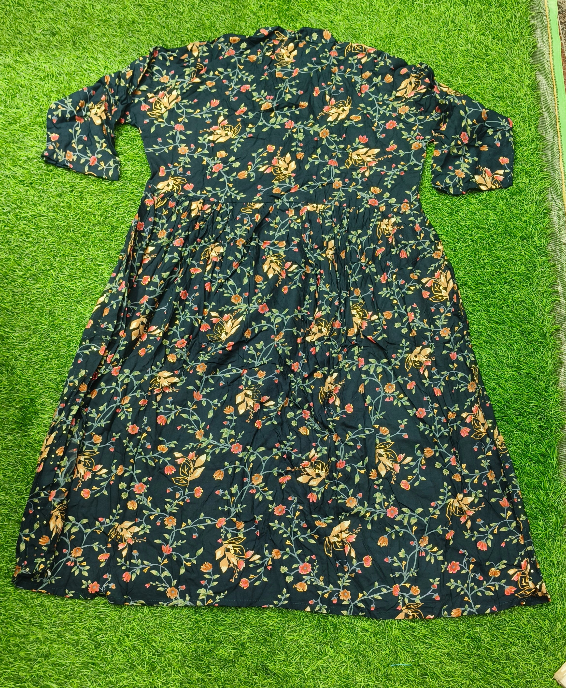 Elegant navy blue Floral Print Single Piece Kurti with Waist Tie