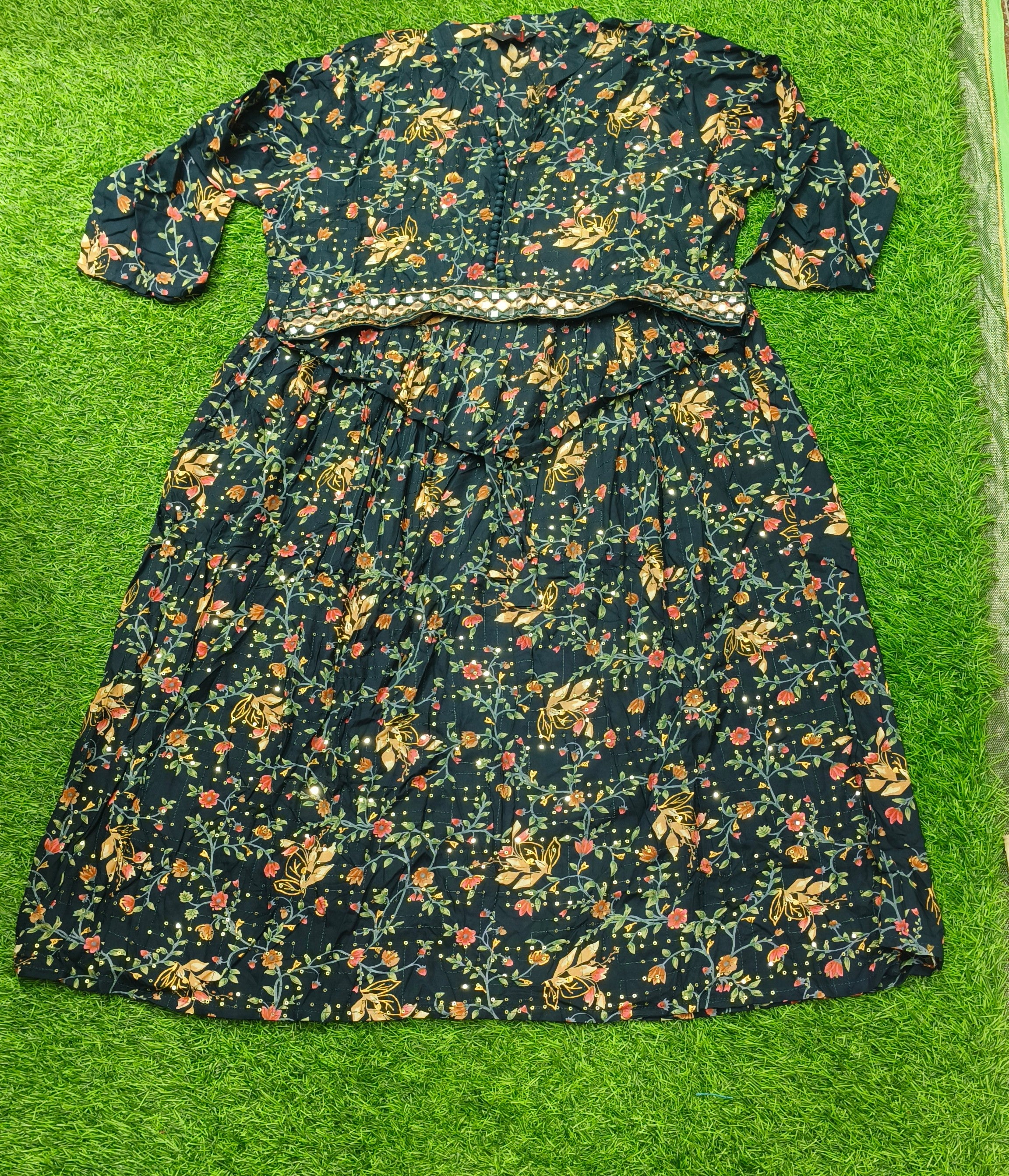 Elegant navy blue Floral Print Single Piece Kurti with Waist Tie