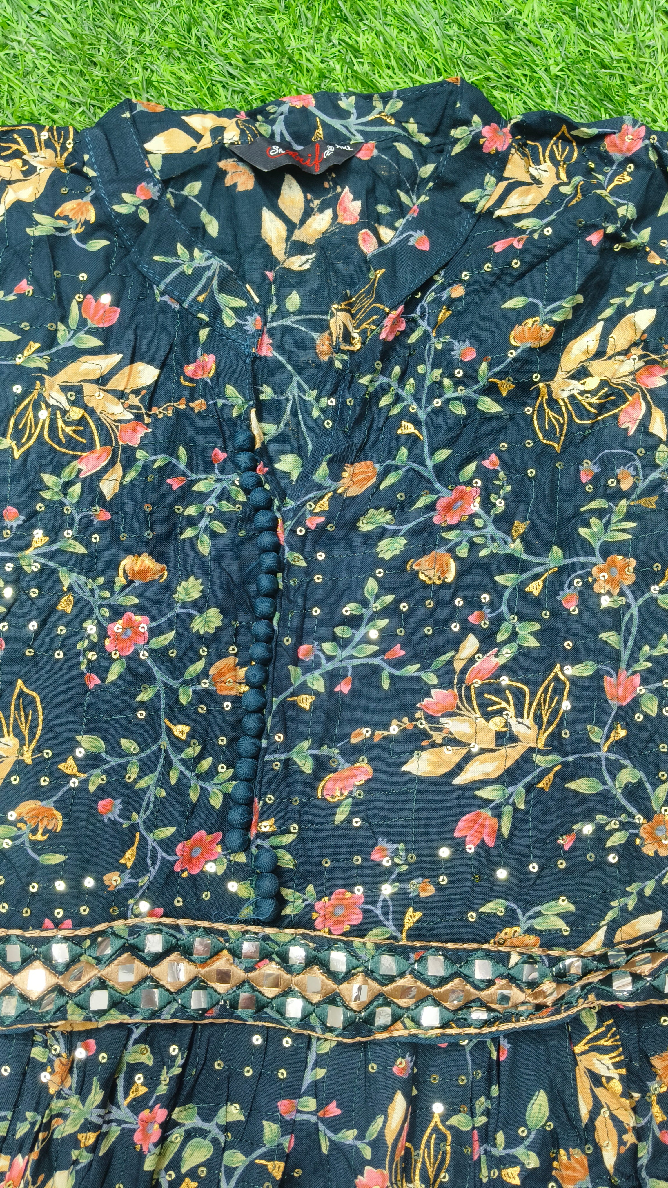 Elegant navy blue Floral Print Single Piece Kurti with Waist Tie