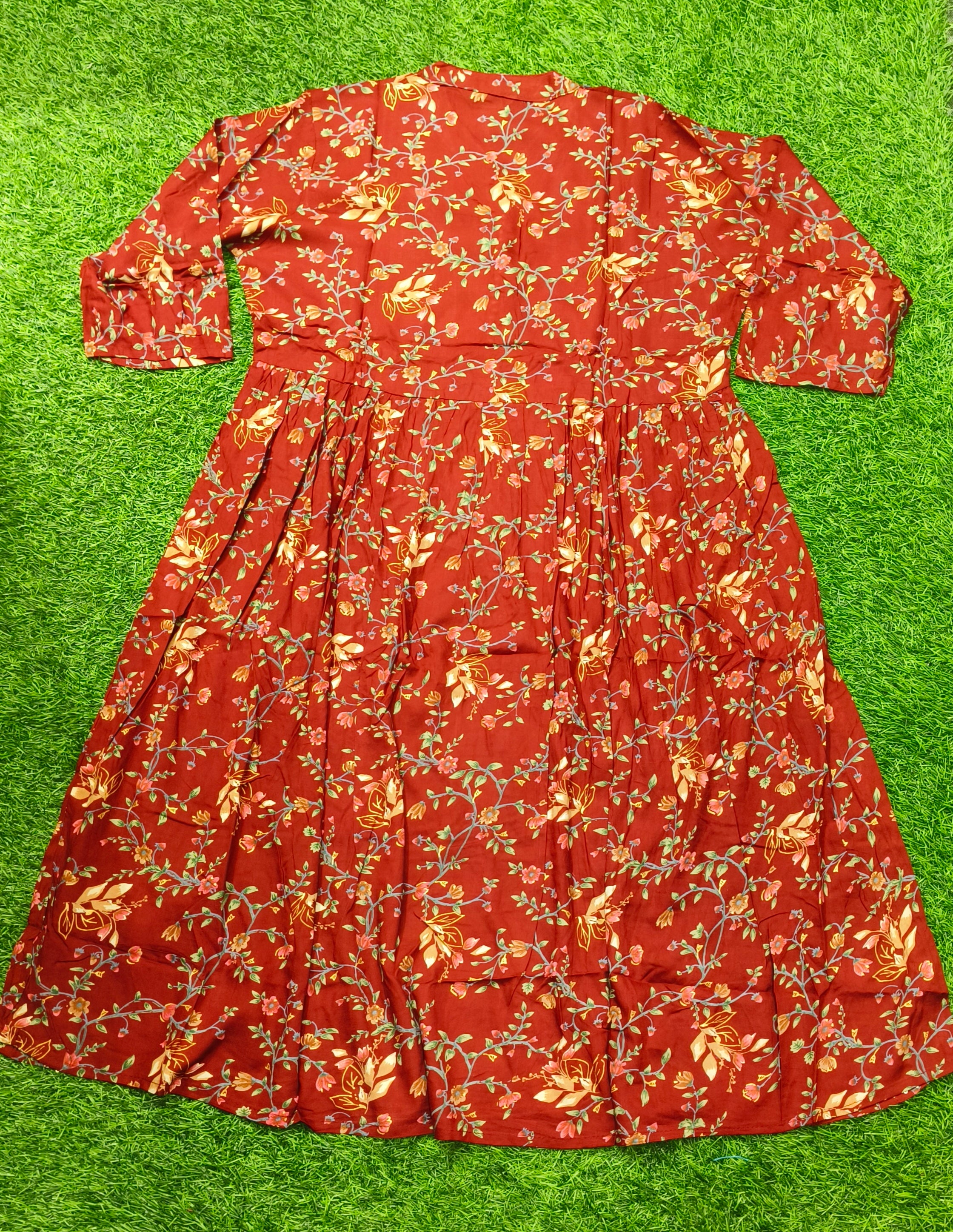 Elegant Rust red Floral Print Single Piece Kurti with Waist Tie