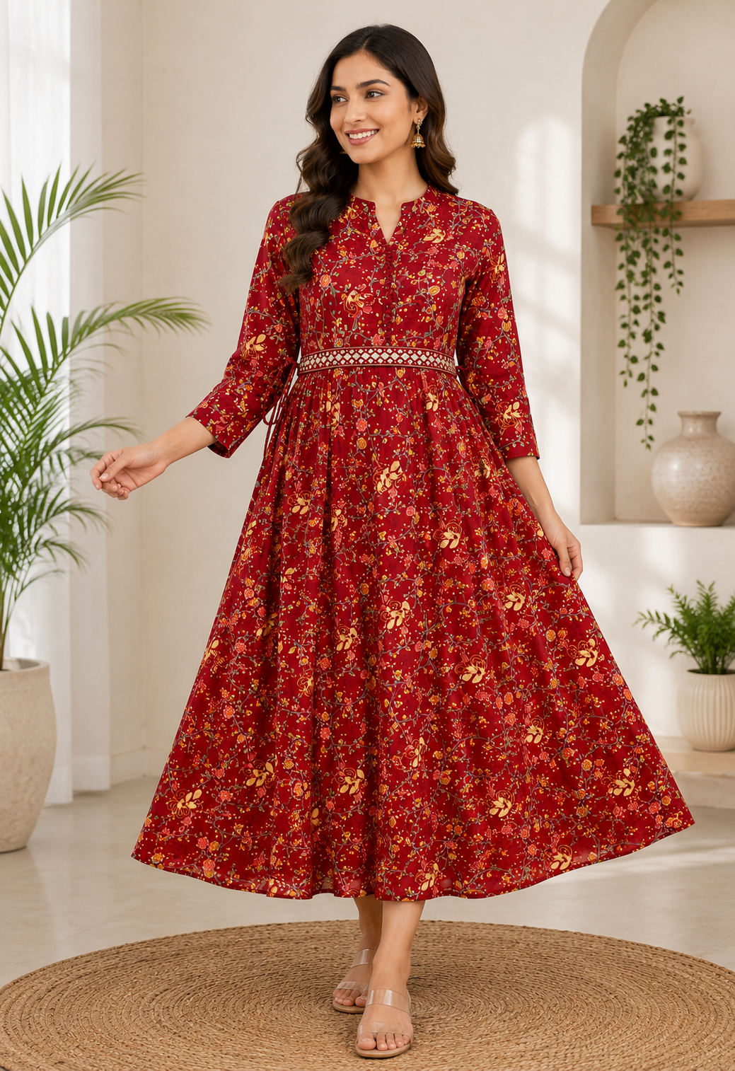 Elegant Rust red Floral Print Single Piece Kurti with Waist Tie