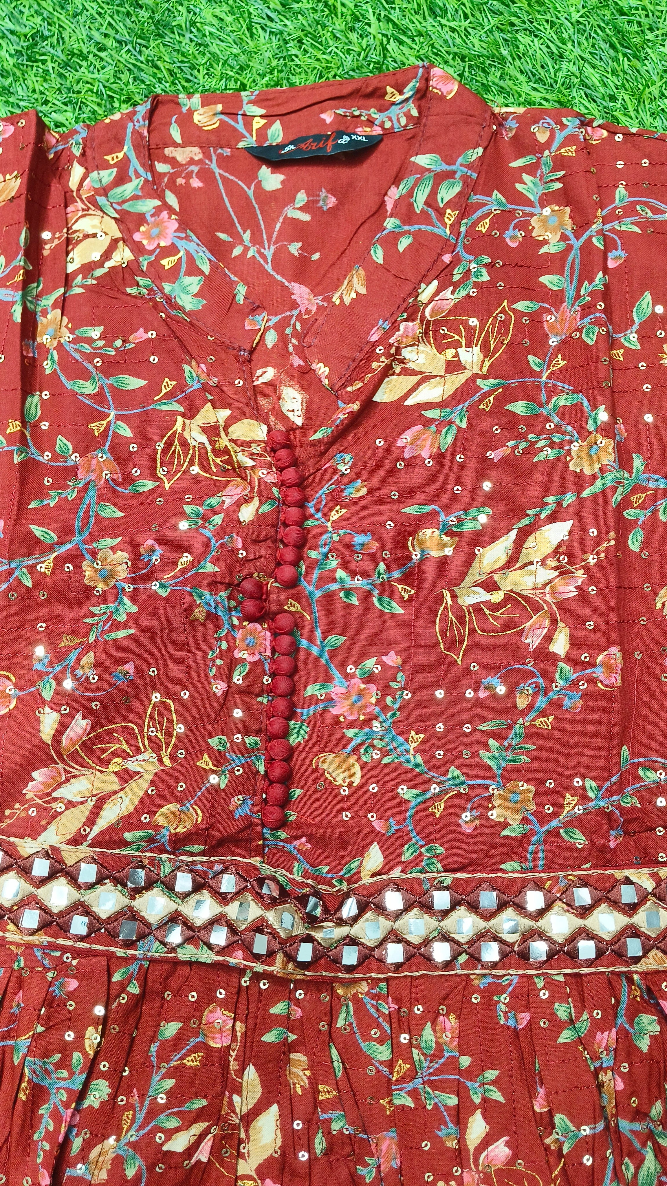 Elegant Rust red Floral Print Single Piece Kurti with Waist Tie