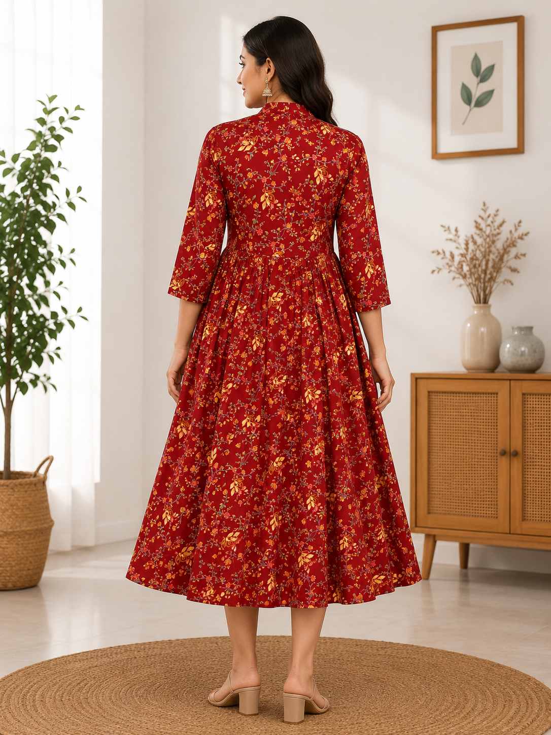 Elegant Rust red Floral Print Single Piece Kurti with Waist Tie