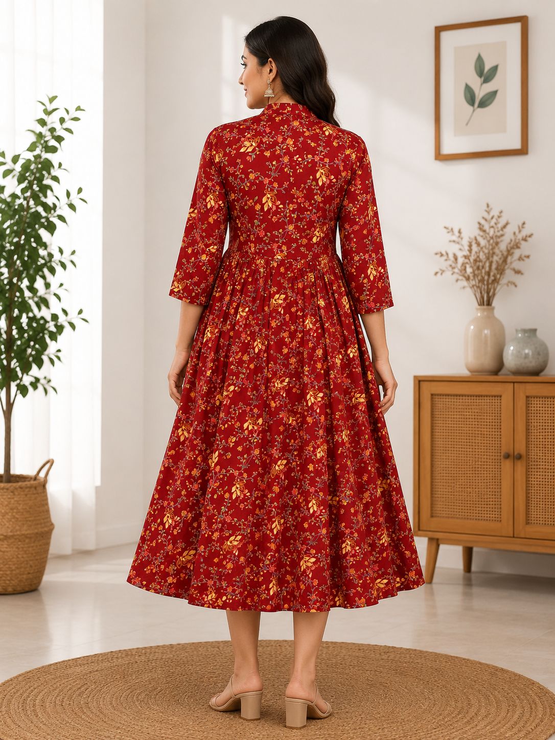 Elegant Rust red Floral Print Single Piece Kurti with Waist Tie