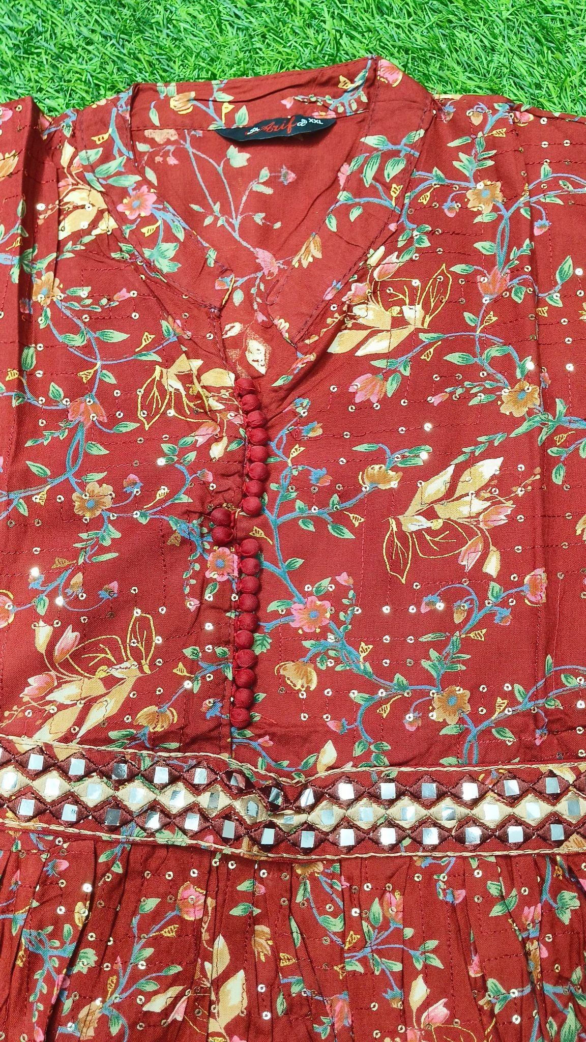 Elegant Rust red Floral Print Single Piece Kurti with Waist Tie