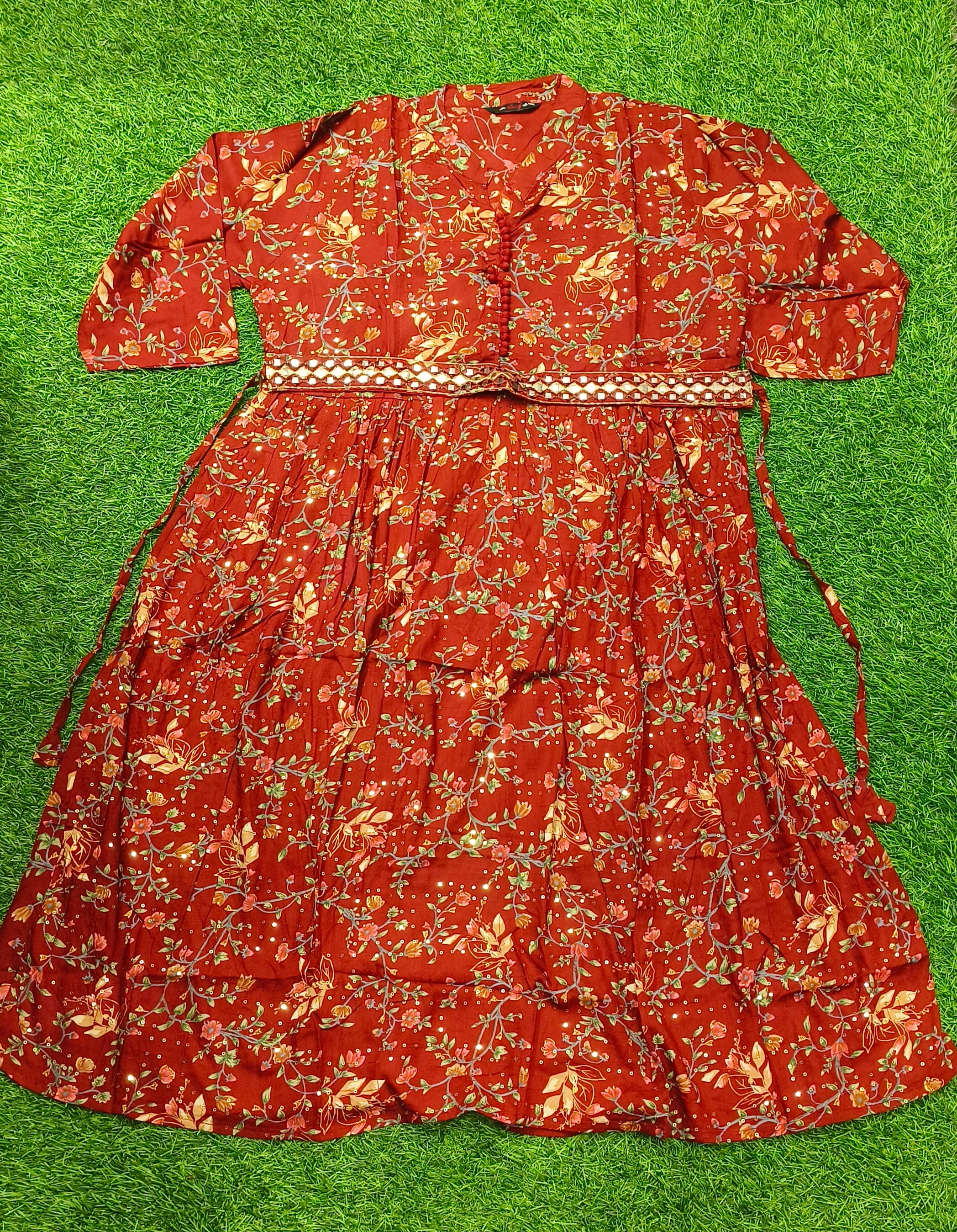 Elegant Rust red Floral Print Single Piece Kurti with Waist Tie