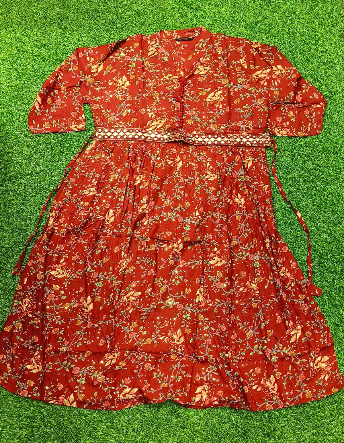 Elegant Rust red Floral Print Single Piece Kurti with Waist Tie