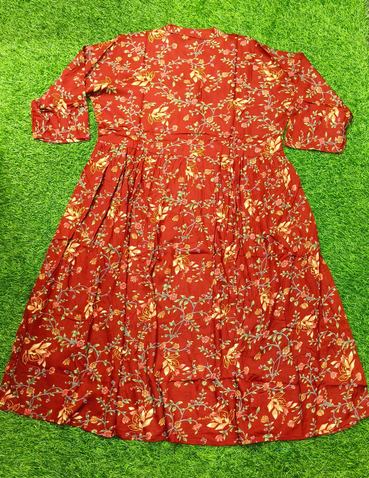 Elegant Rust red Floral Print Single Piece Kurti with Waist Tie