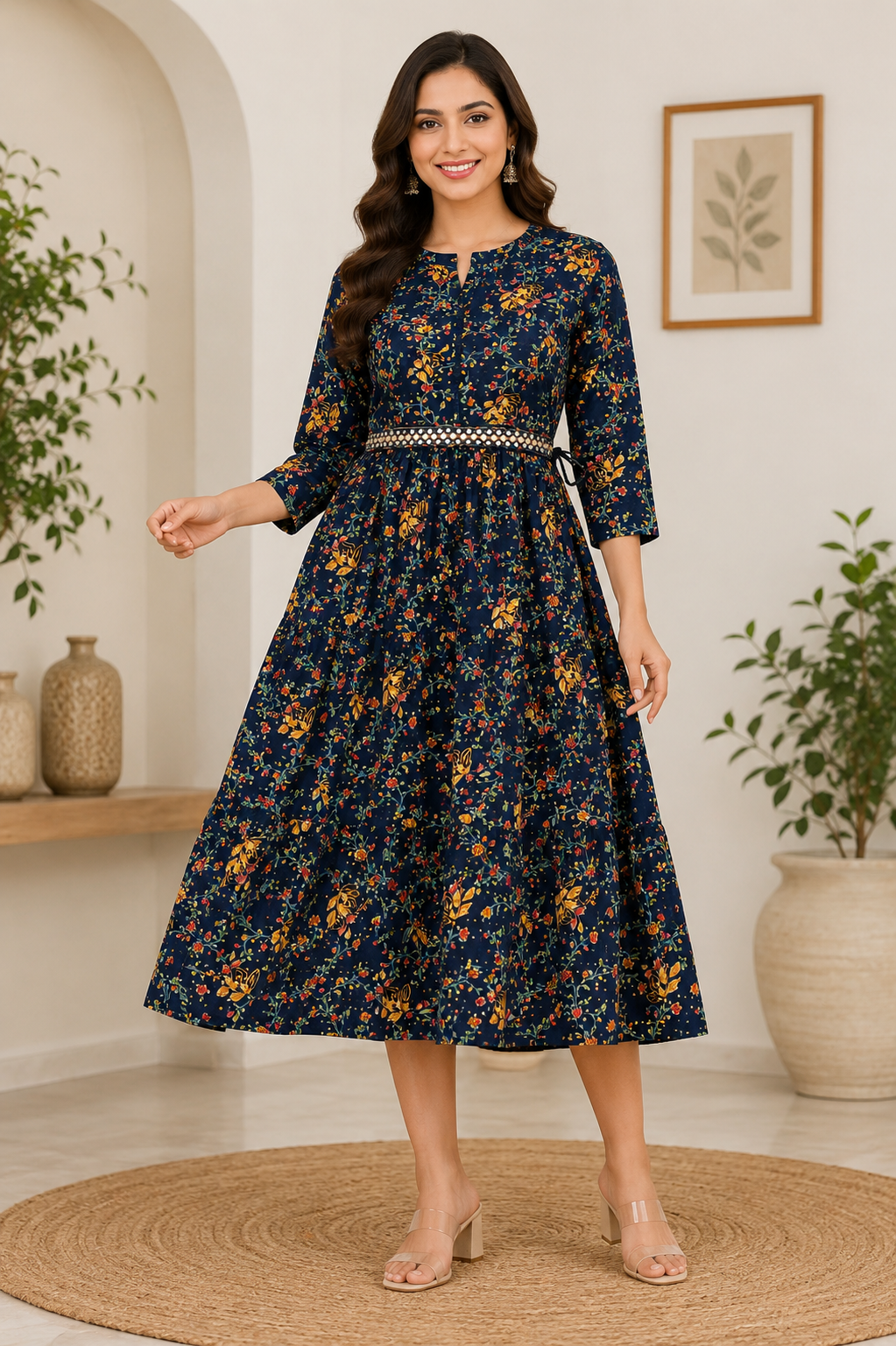 Elegant Dark green Floral Print Single Piece Kurti with Waist Tie