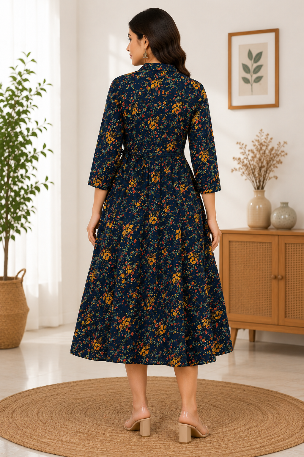 Elegant Dark green Floral Print Single Piece Kurti with Waist Tie
