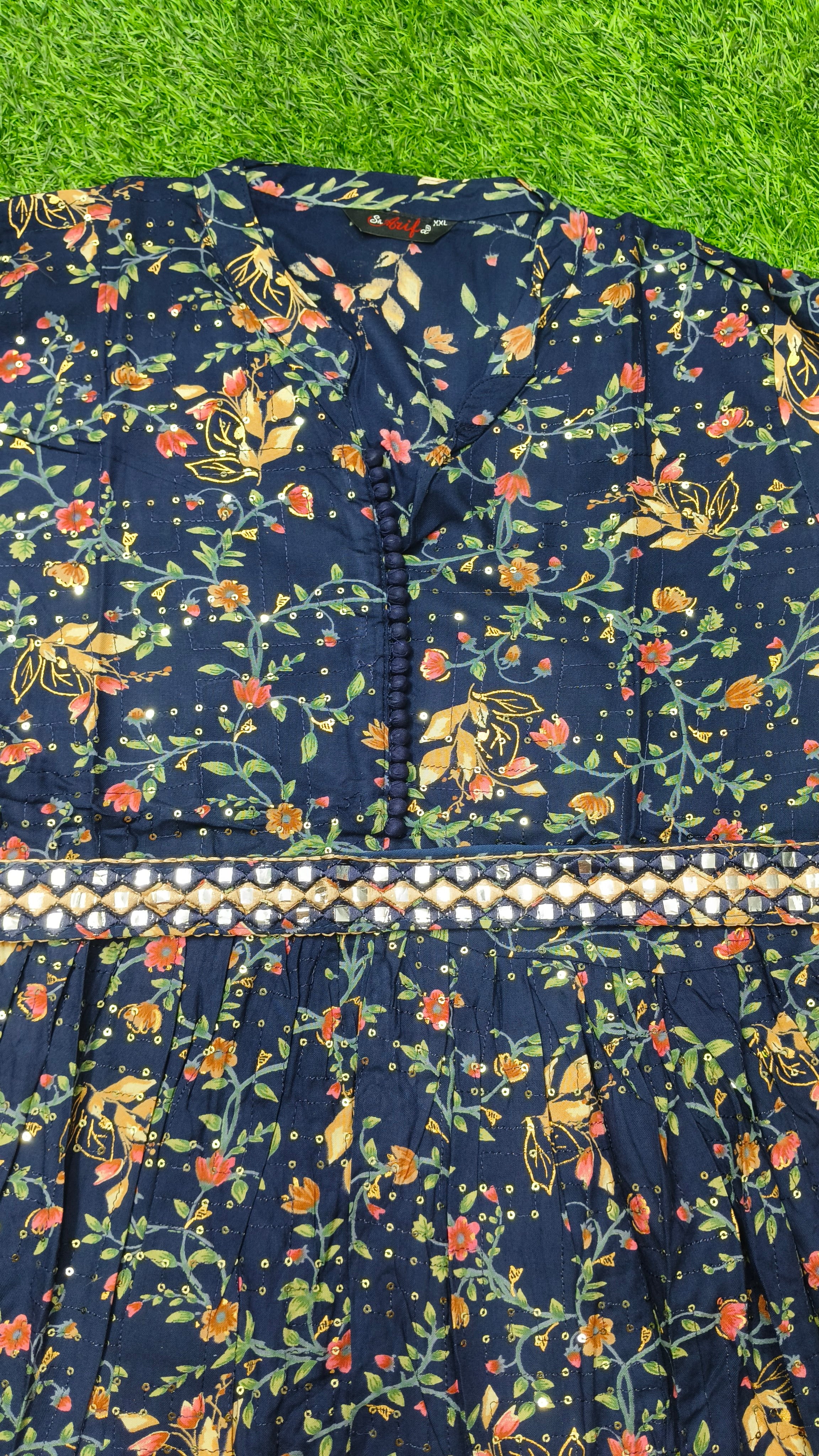 Elegant Dark green Floral Print Single Piece Kurti with Waist Tie