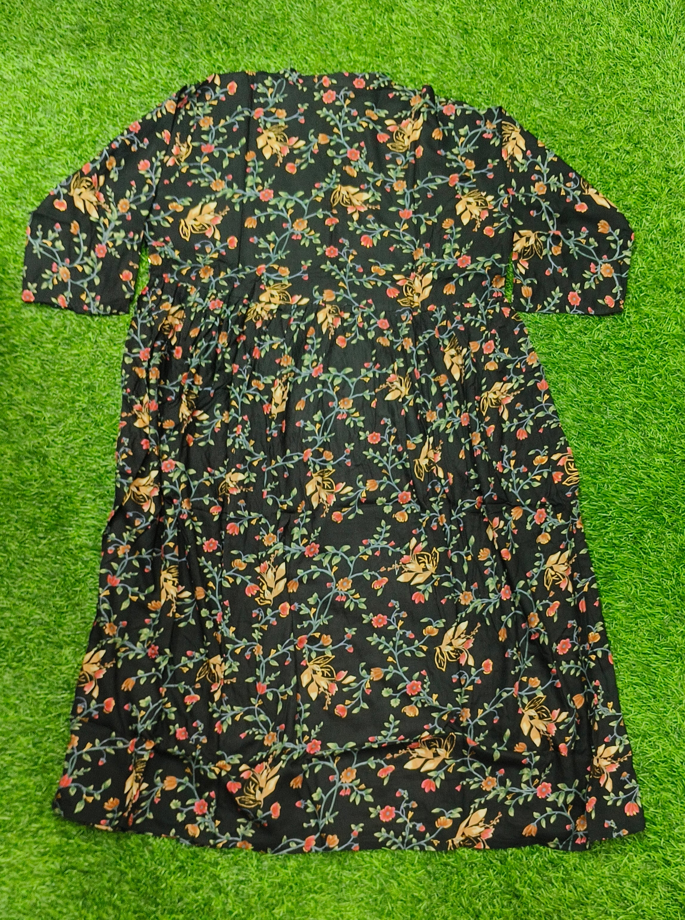 Elegant black Floral Print Single Piece Kurti with Waist Tie