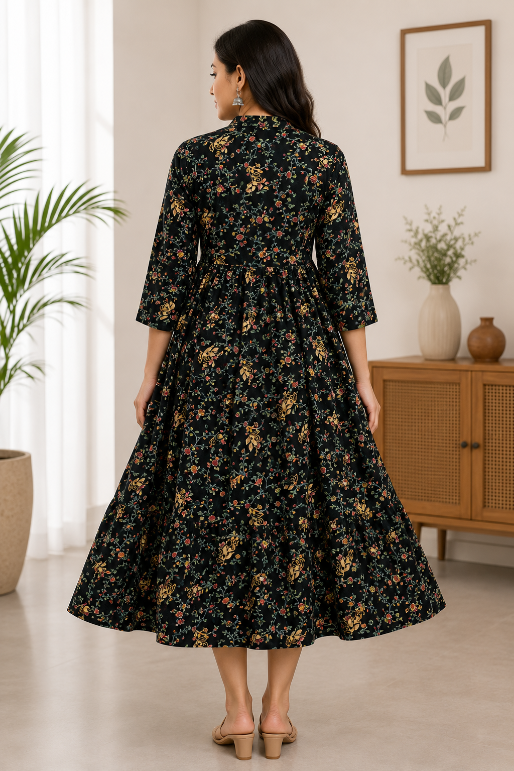 Elegant black Floral Print Single Piece Kurti with Waist Tie