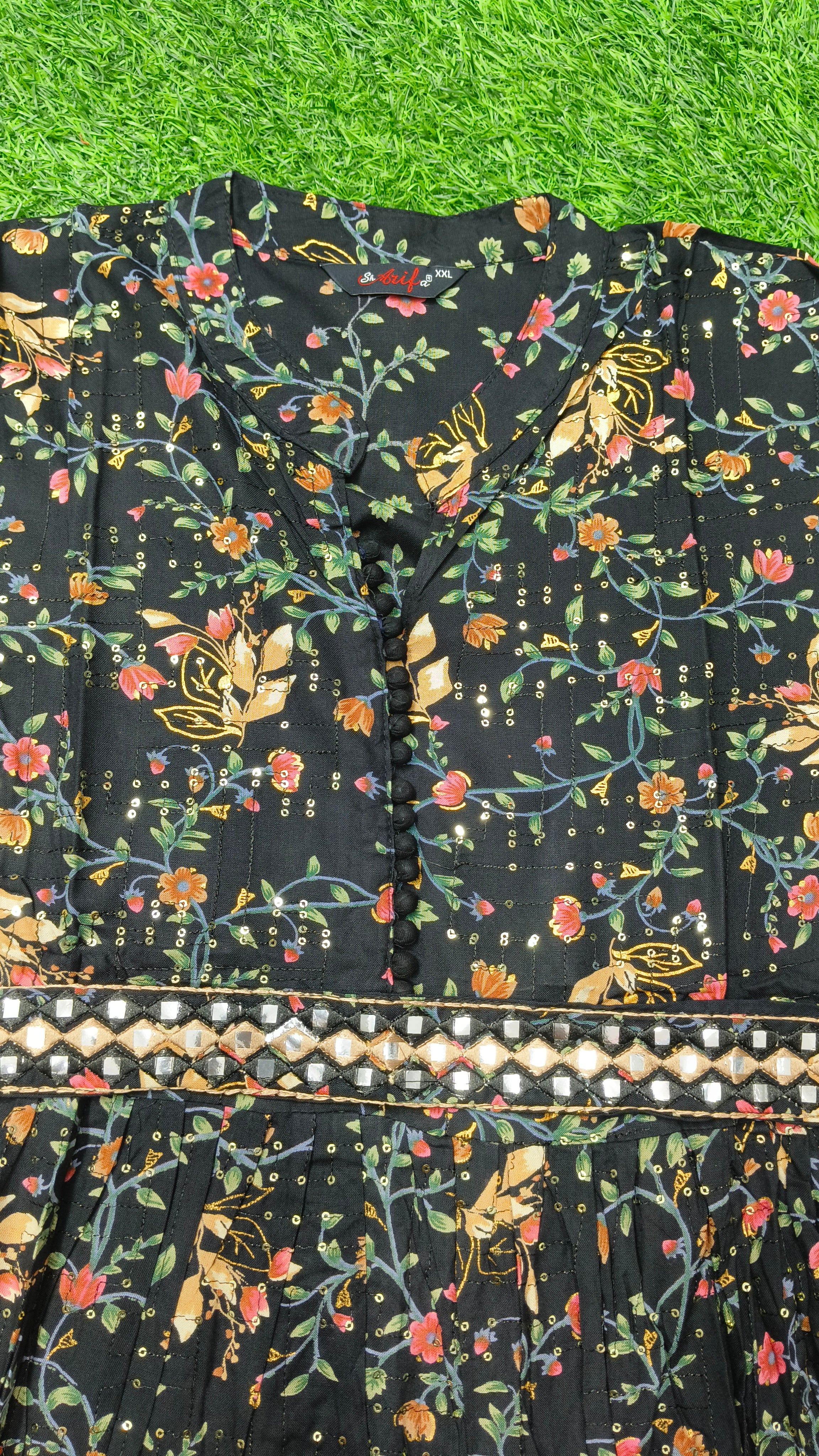 Elegant black Floral Print Single Piece Kurti with Waist Tie