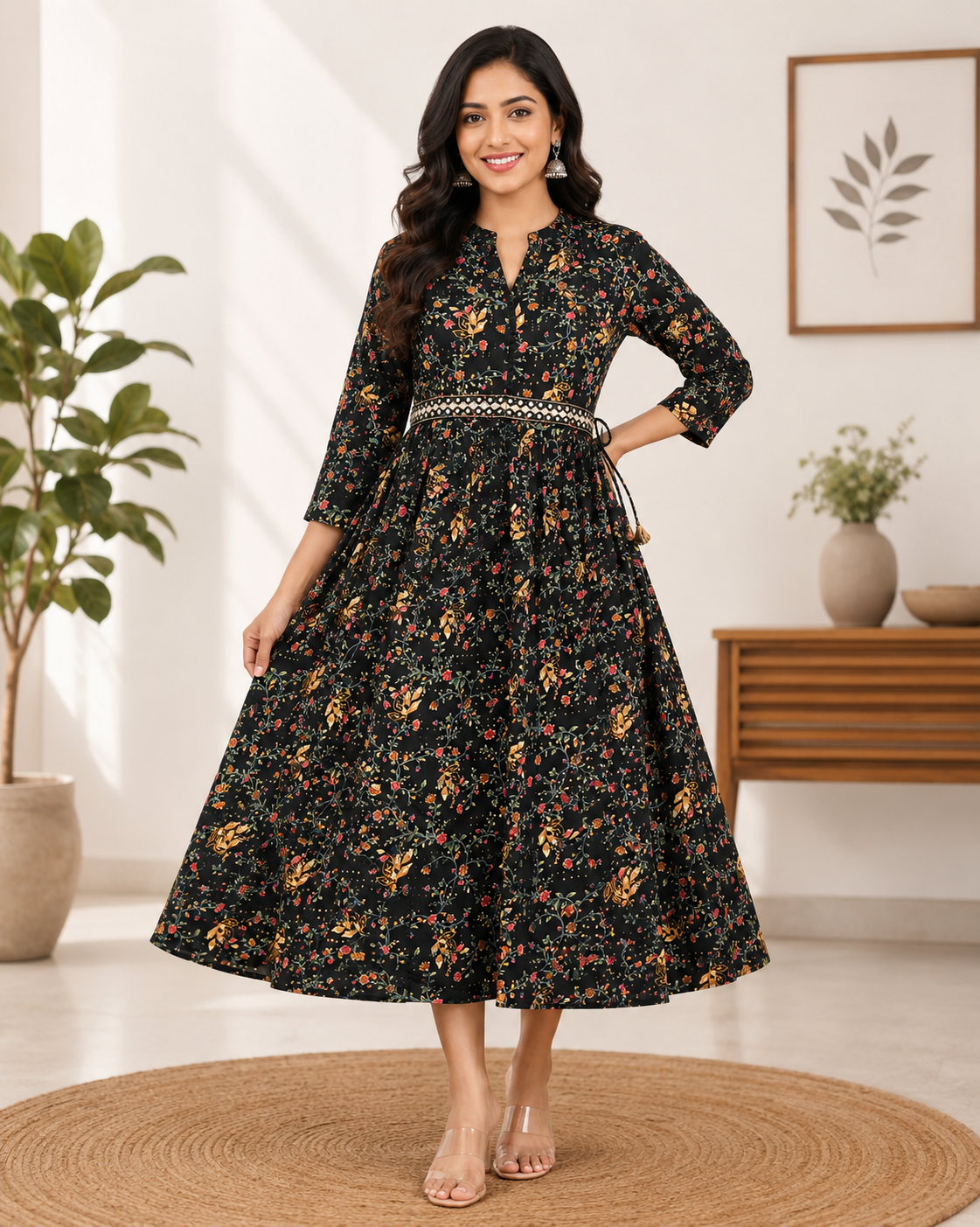 Elegant black Floral Print Single Piece Kurti with Waist Tie