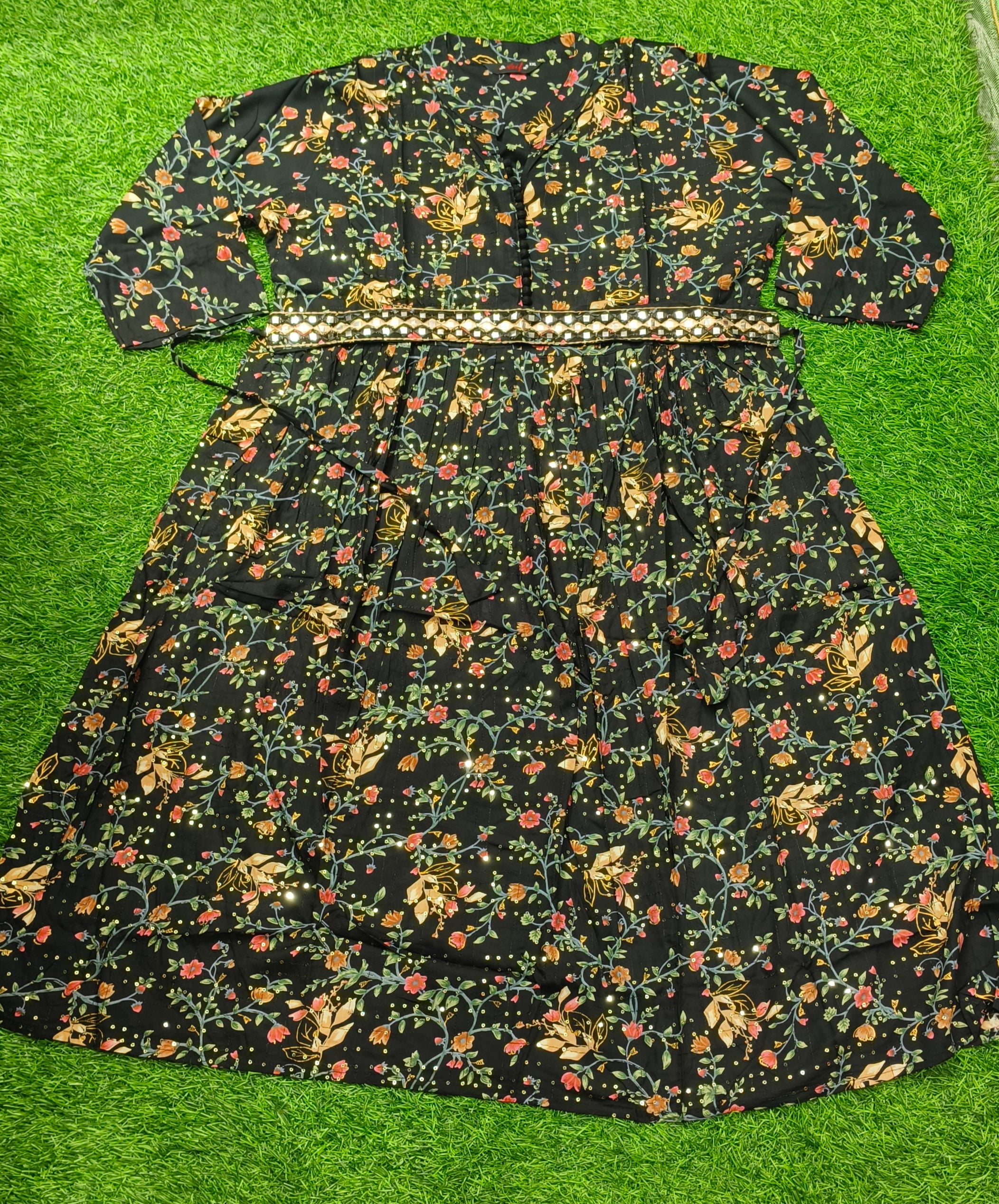 Elegant black Floral Print Single Piece Kurti with Waist Tie