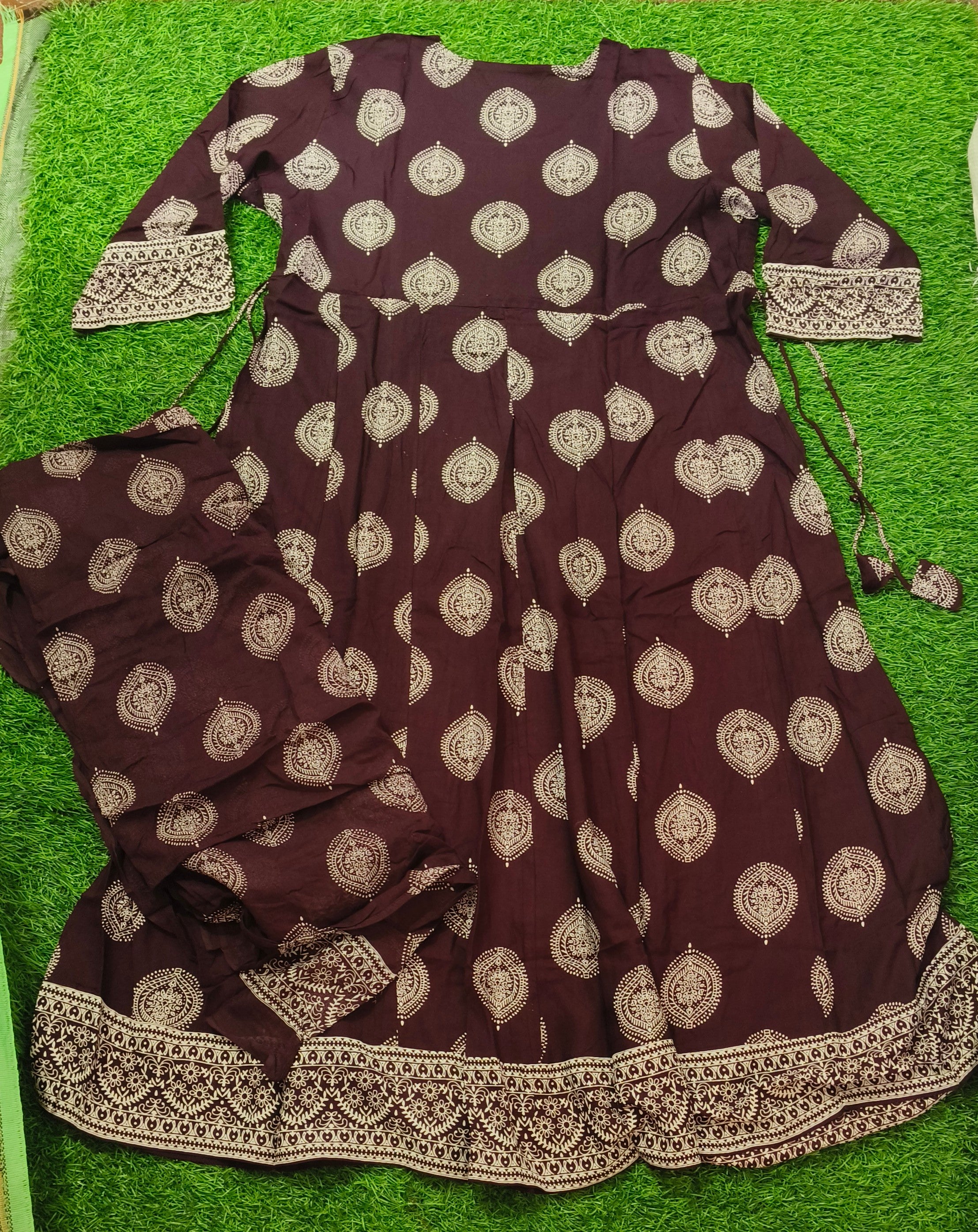 Elegant Deep Plum Print Rayon Top & Dupatta Set with Adjustable Waist Tie