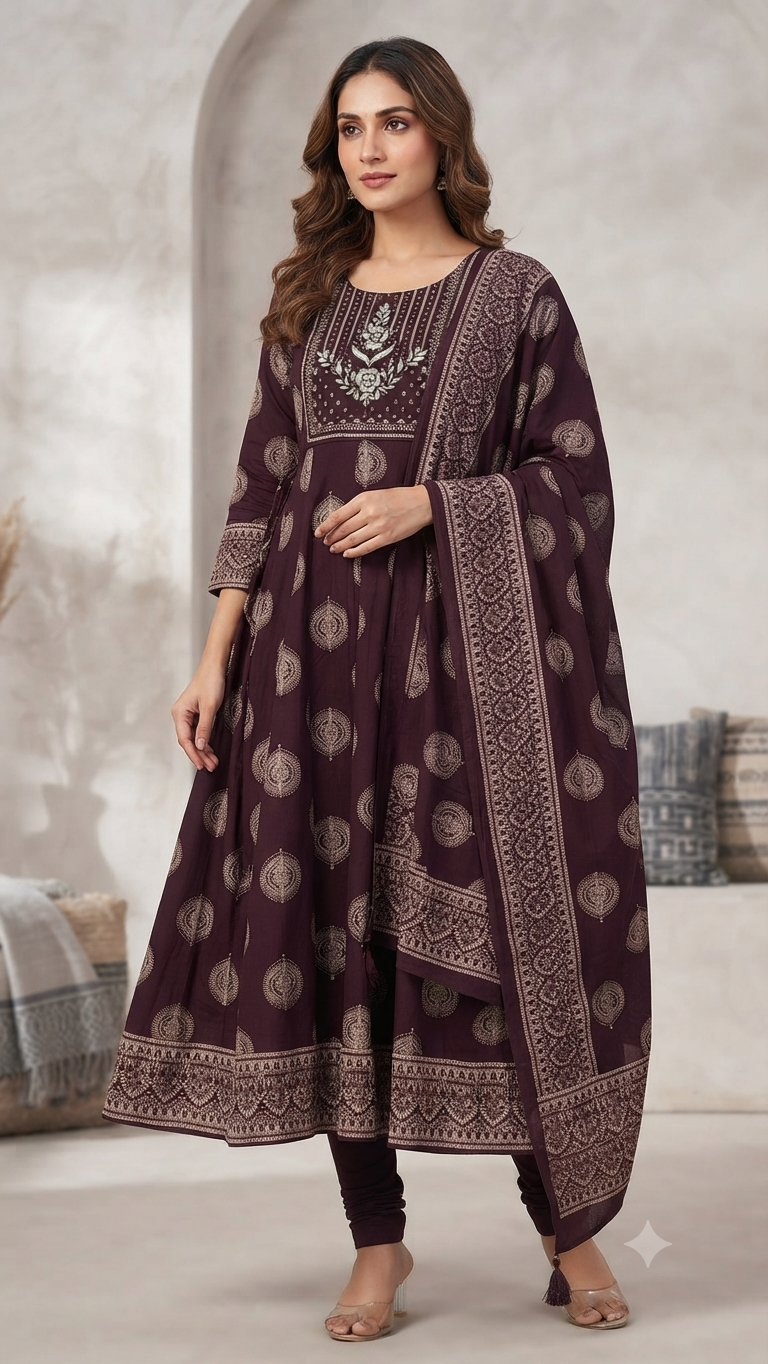 Elegant Deep Plum Print Rayon Top & Dupatta Set with Adjustable Waist Tie