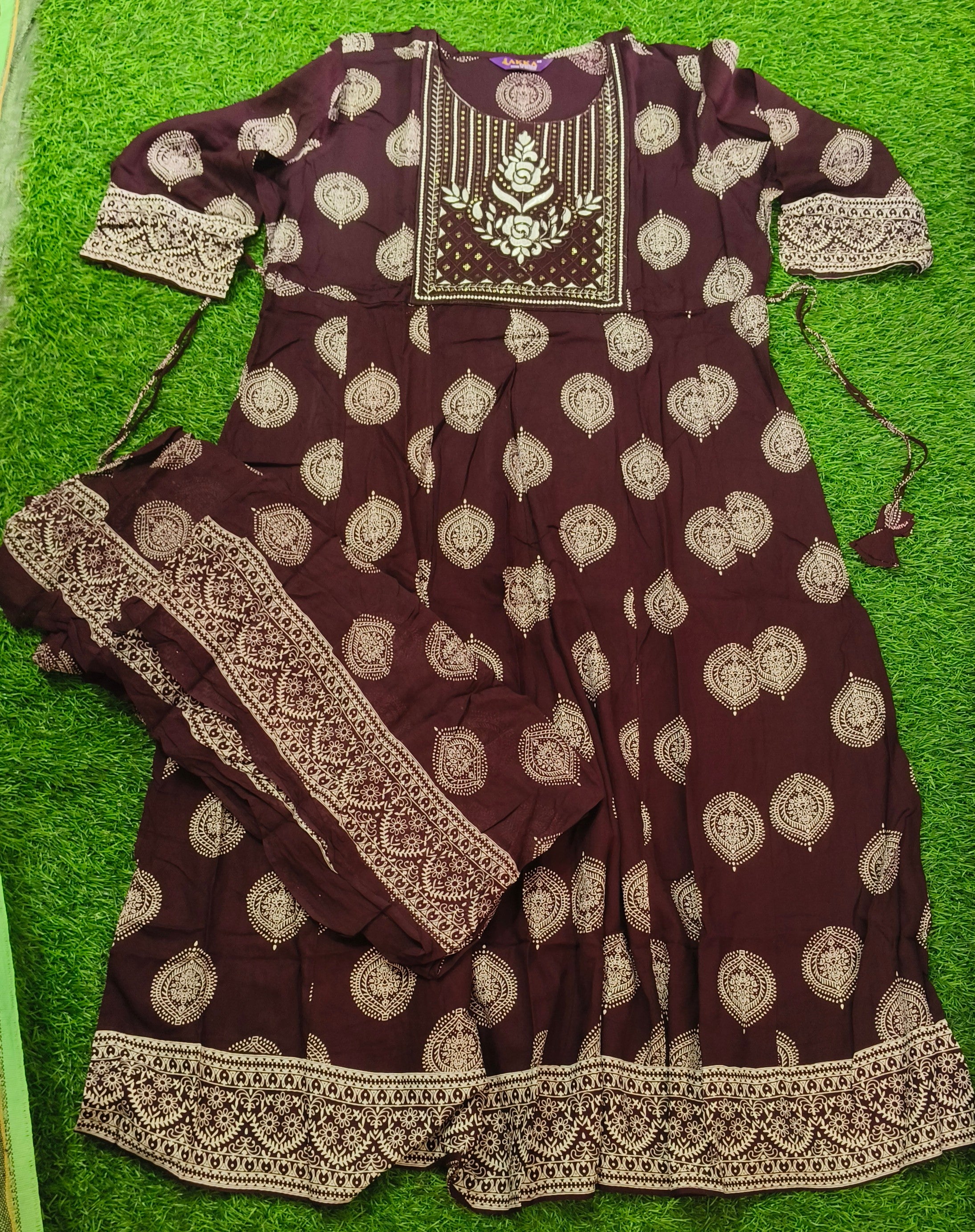 Elegant Deep Plum Print Rayon Top & Dupatta Set with Adjustable Waist Tie
