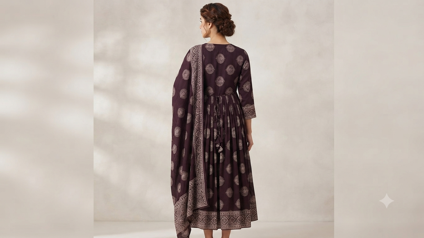 Elegant Deep Plum Print Rayon Top & Dupatta Set with Adjustable Waist Tie