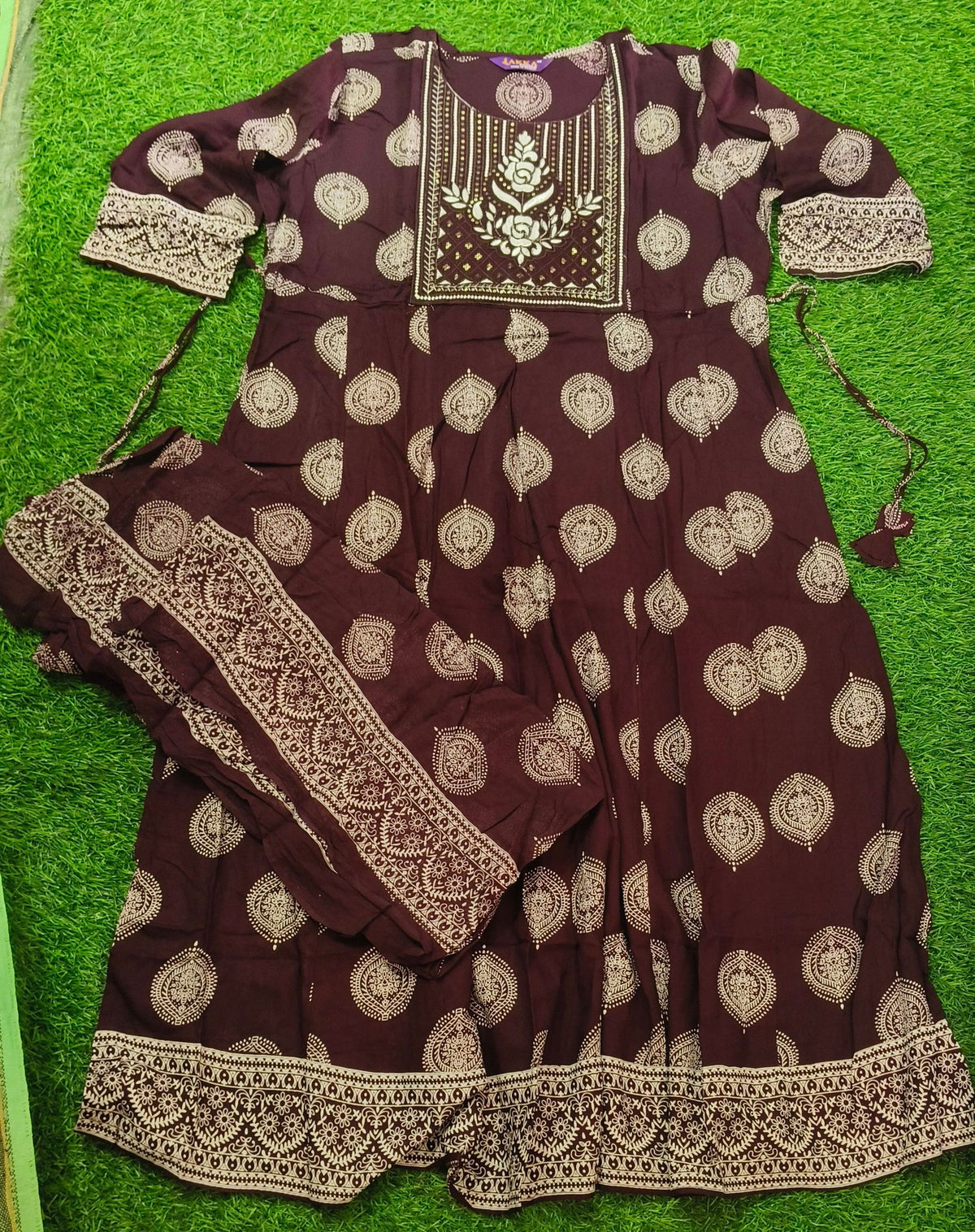 Elegant Deep Plum Print Rayon Top & Dupatta Set with Adjustable Waist Tie