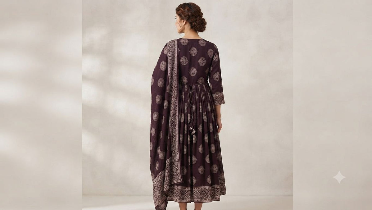 Elegant Deep Plum Print Rayon Top & Dupatta Set with Adjustable Waist Tie