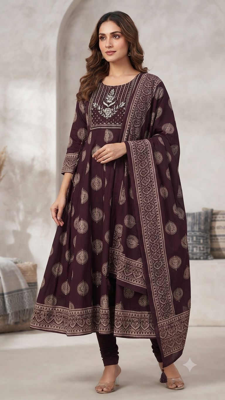 Elegant Deep Plum Print Rayon Top & Dupatta Set with Adjustable Waist Tie