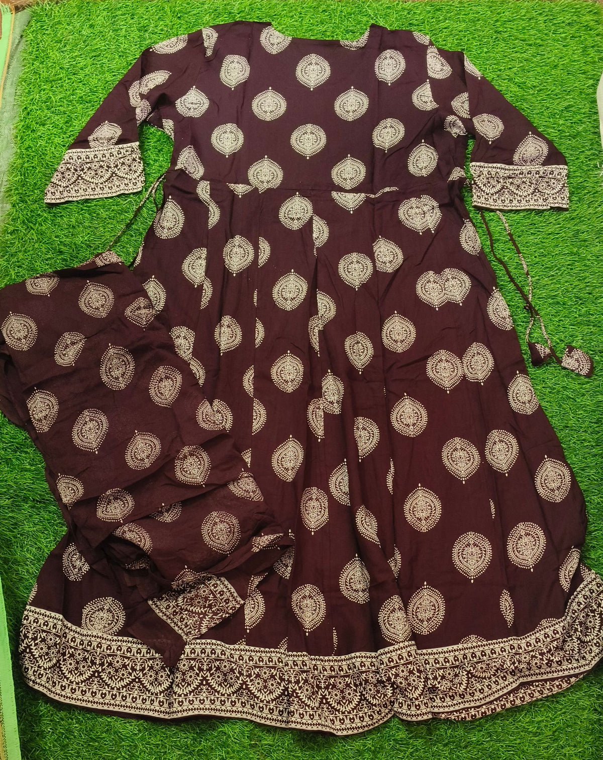 Elegant Deep Plum Print Rayon Top & Dupatta Set with Adjustable Waist Tie
