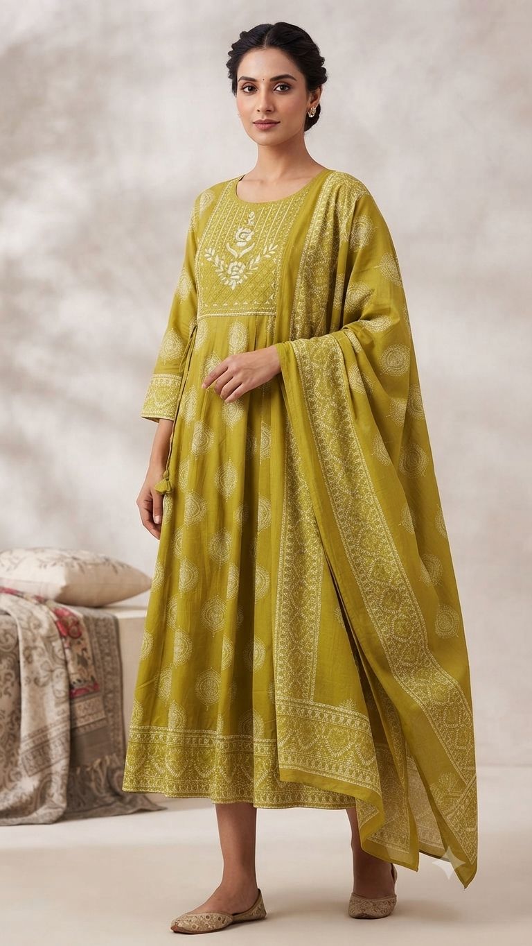 Elegant Mustard Yellow Printed Cotton Top & Dupatta Set with Adjustable Waist Tie